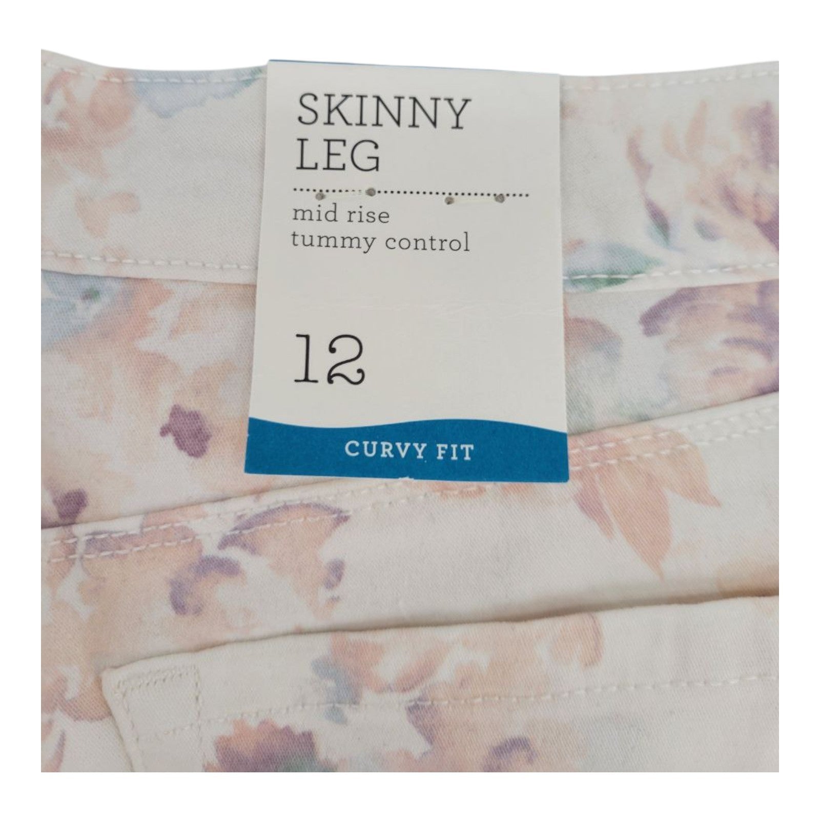 Style & Co Women's Curvy Skinny Jeans 12 Cream Floral Mid Rise Tummy Control