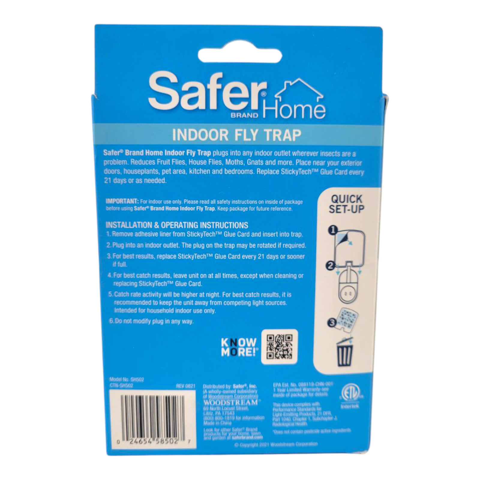 Safer Home SH502 Indoor PlugIn Fly Trap 1 Device 2 StickyTech Glue Cards