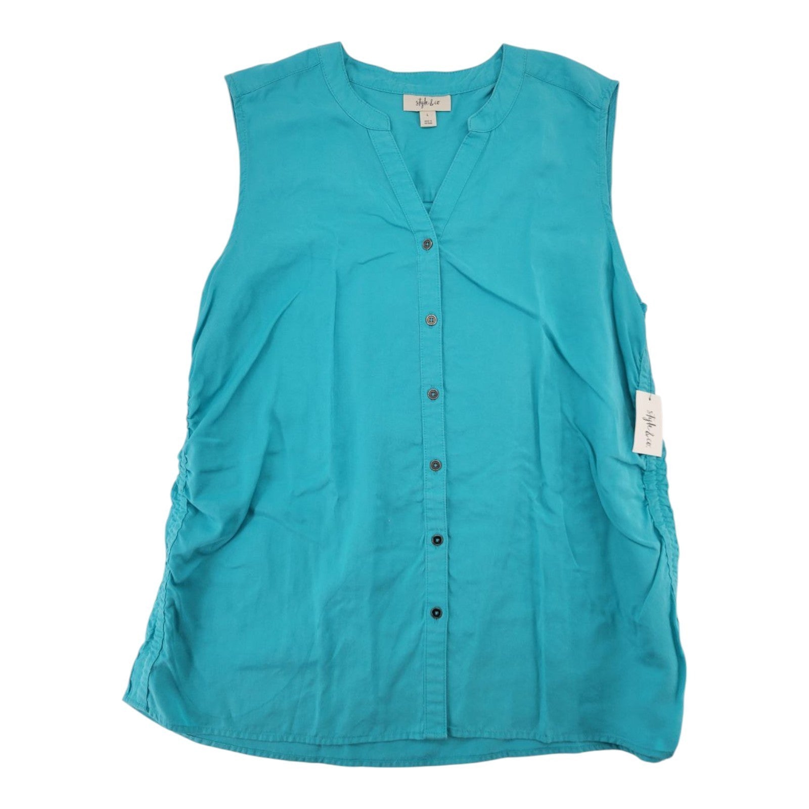 Style & Co Women's Sleeveless Button Top L Blue Ruched Side Blouse