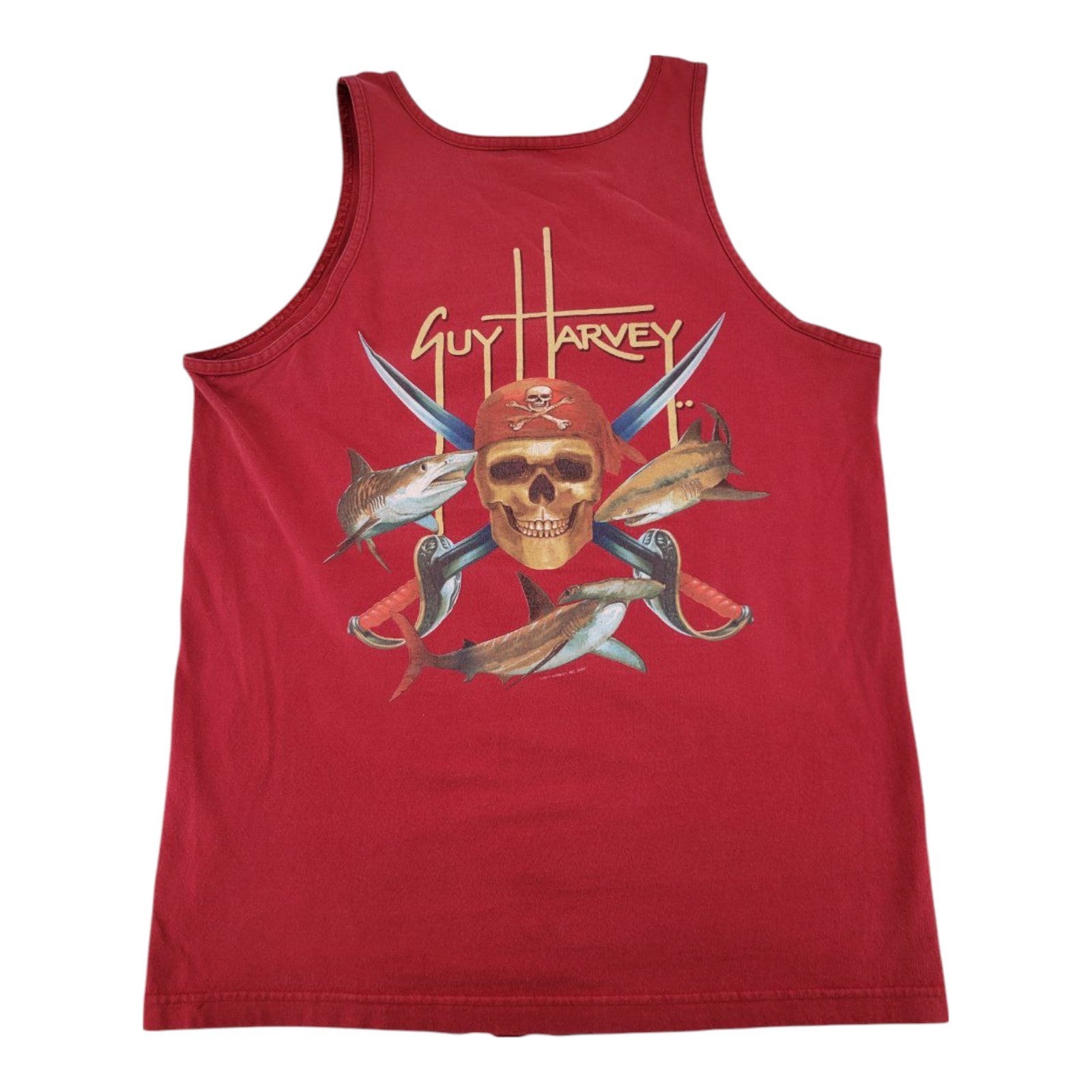 Guy Harvey Red Tank Top Size L Pirate Skull Sharks Graphic 2008