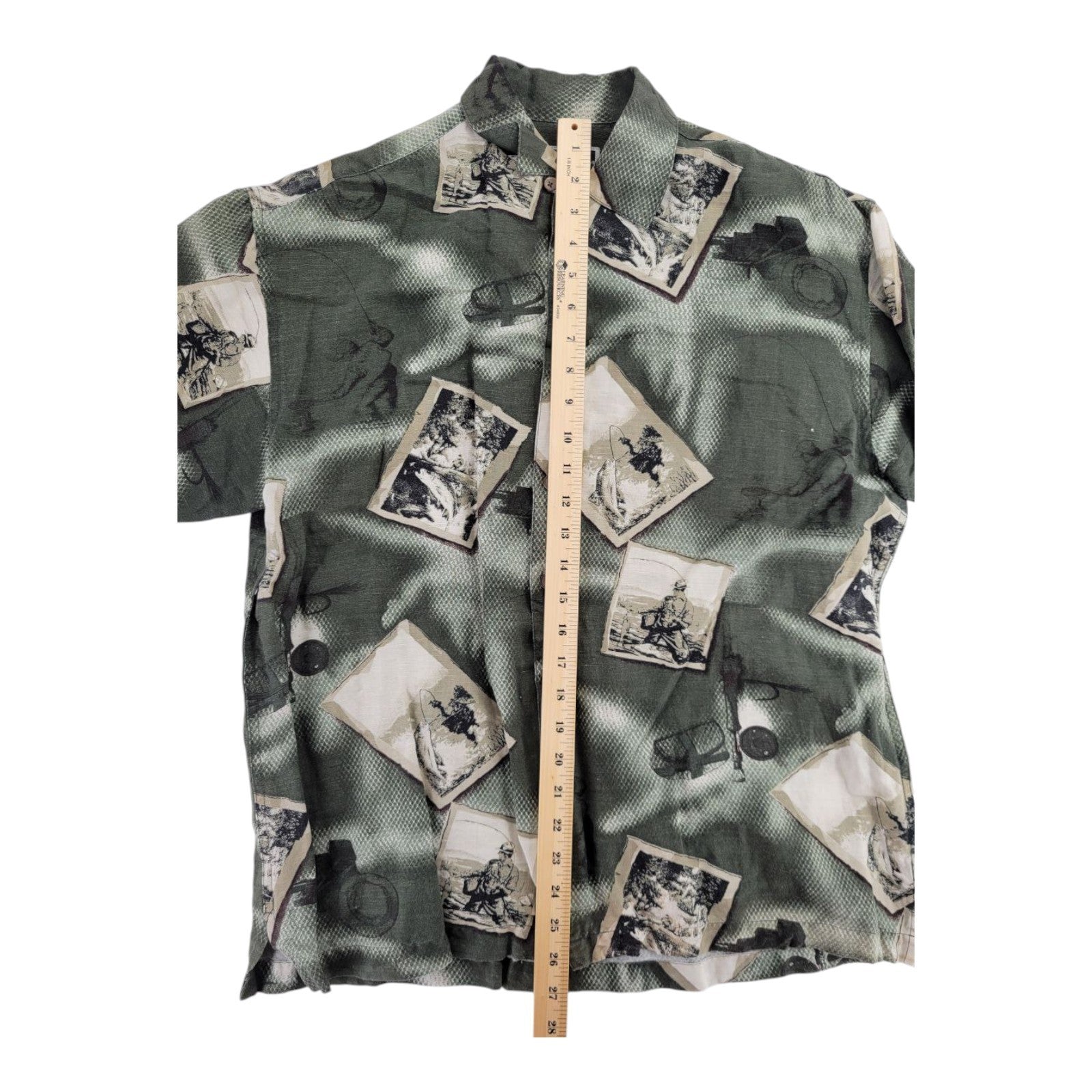 Field & Stream Fishing Print Button Front Shirt Green Linen Blend Men's M