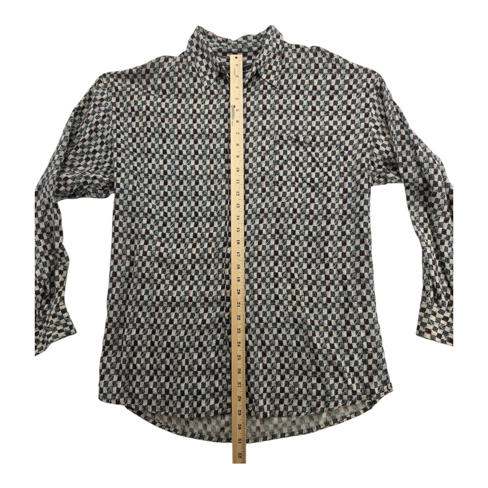 Damante Geometric Checkerboard Button-Up Shirt Rayon Long Sleeve Men’s L