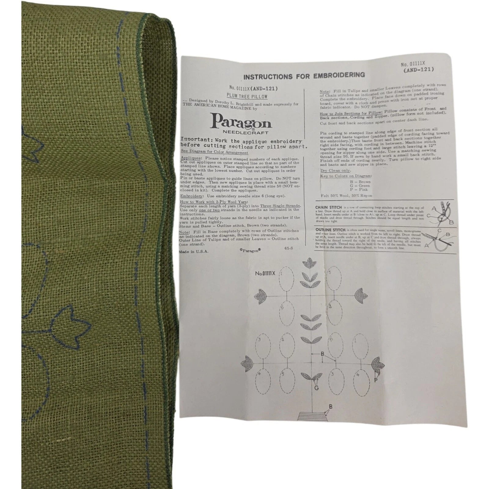 Paragon Needlecraft Plum Tree Pillow Embroidery Kit No. 0111IX 16x16 USA VTG