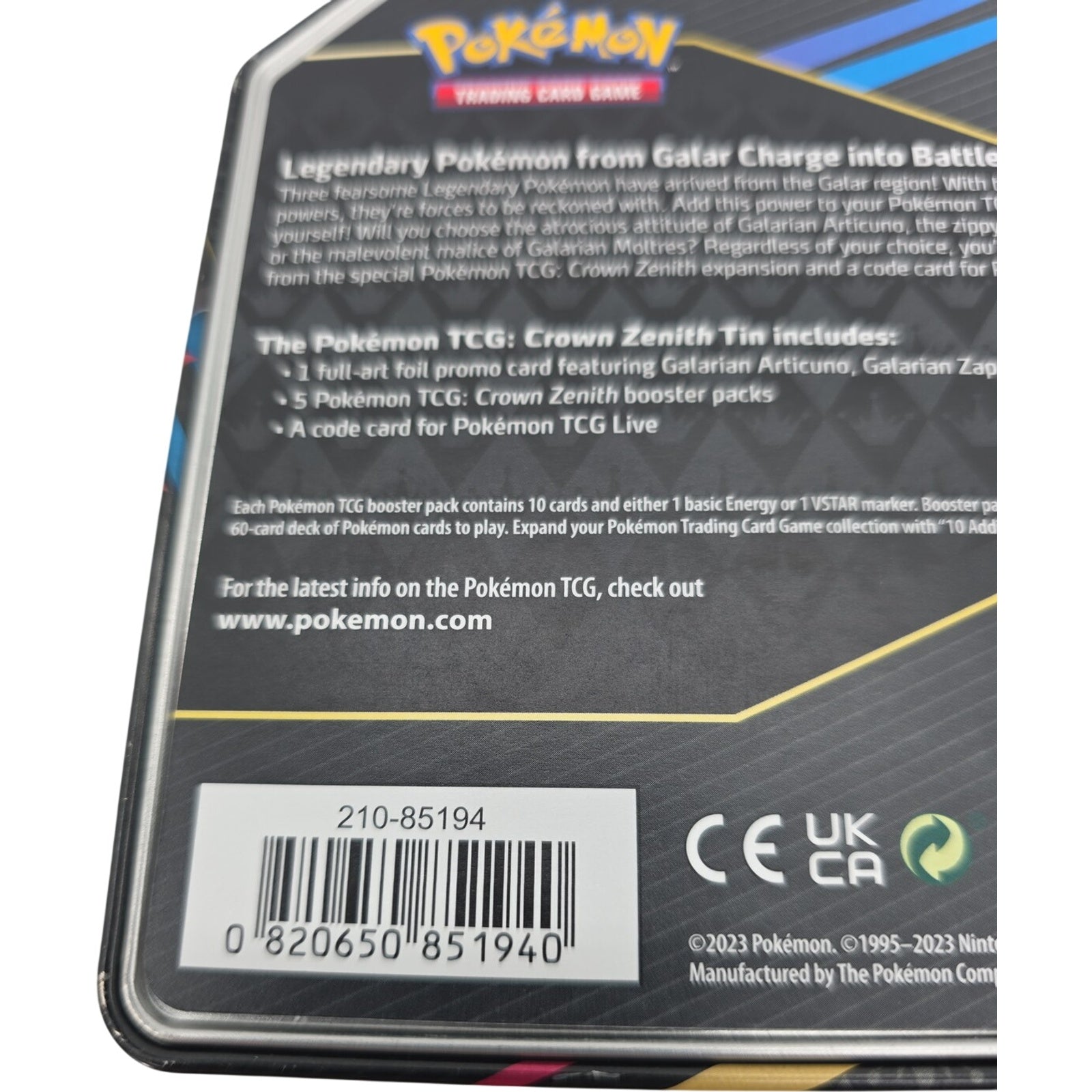 Pokémon TCG Crown Zenith Galarian Moltres Collector Tin EMPTY Storage Case