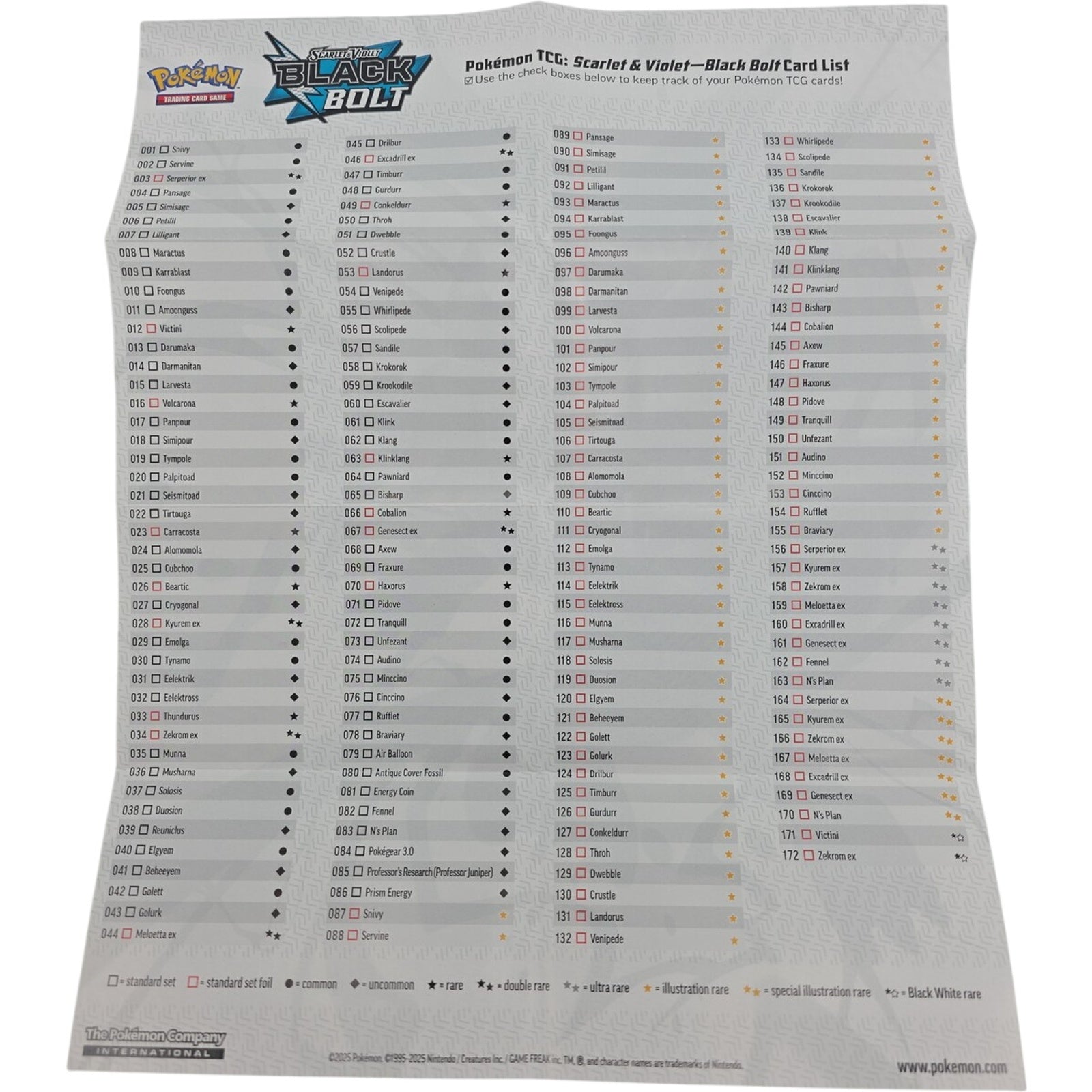 Pokemon TCG Scarlet & Violet Black Bolt Card List Mini Poster Checklist Guide