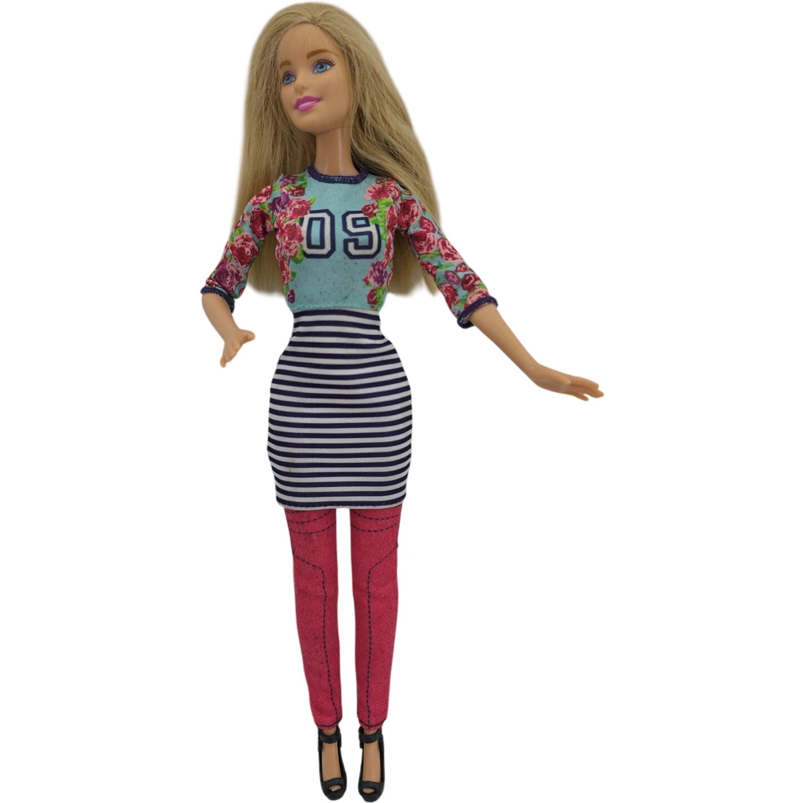 Barbie Fashion Doll Blonde Floral Top Striped Skirt Pink Pants Mattel CFN43