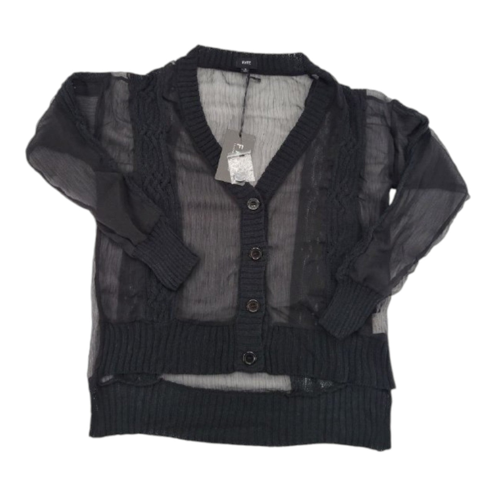 FATE Women's Sheer Black Knit Cardigan Sweater M Button Front Long Sleeve