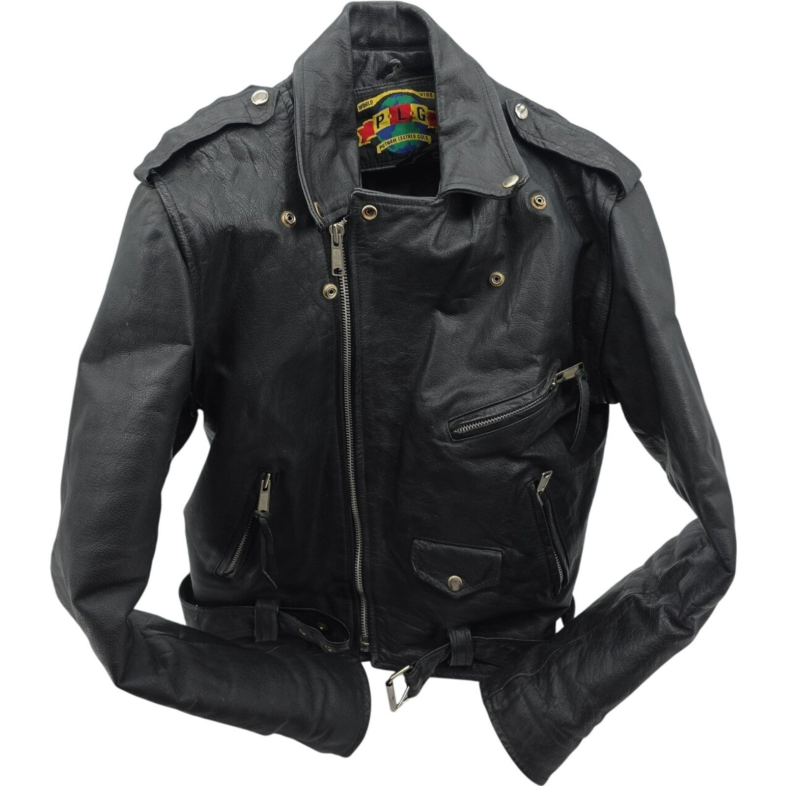 Putnam Leather Gold Motorcycle Jacket Mens 42 / M Biker Vintage Black Moto PLG