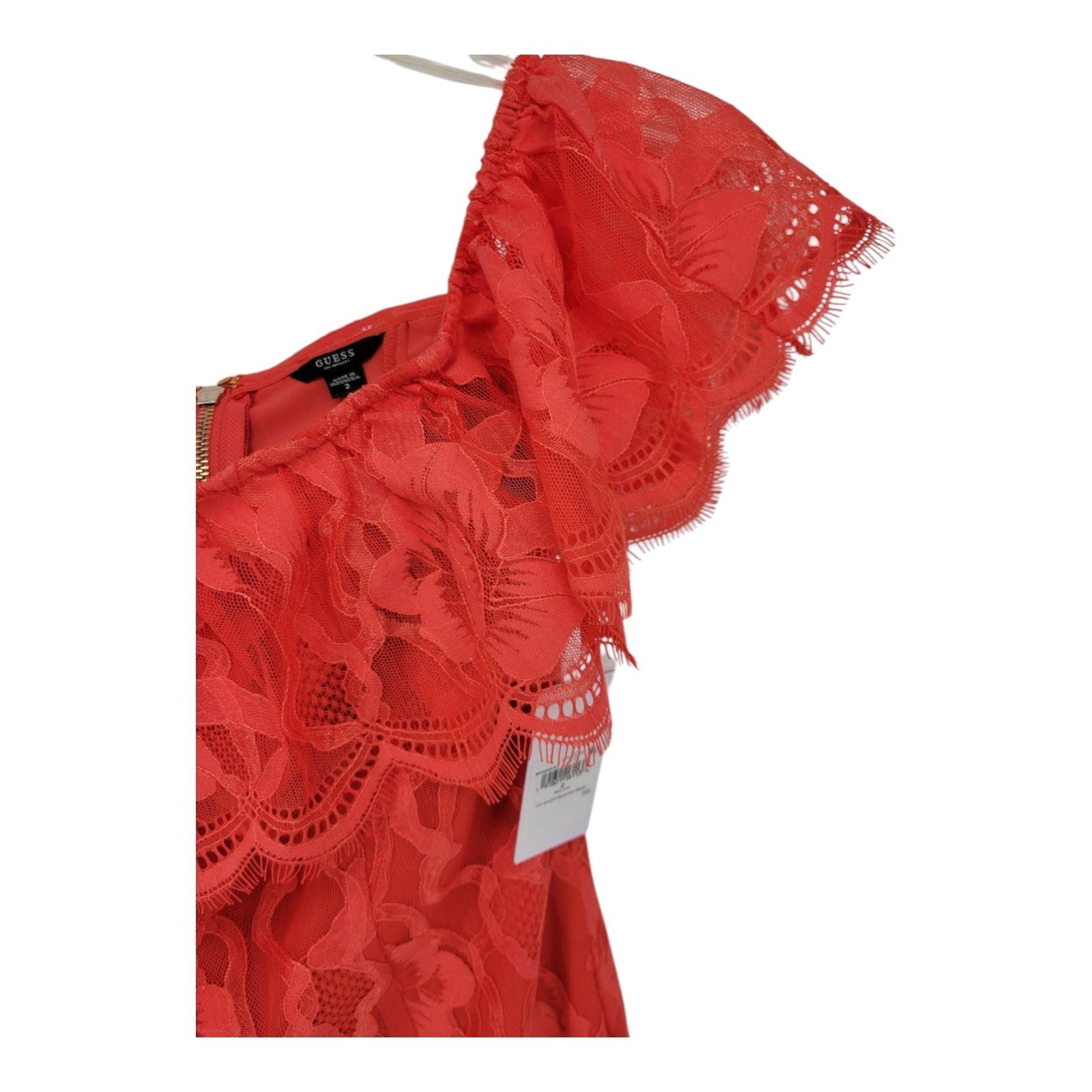 GUESS Women's Francine Off Shoulder Dress Red Lace Ruffle Hem Size 2