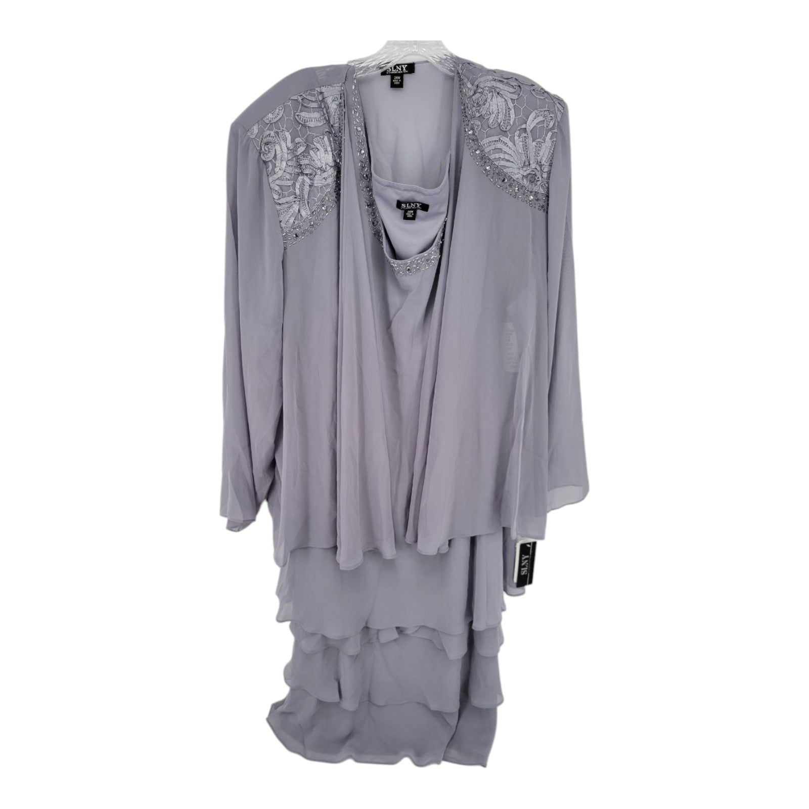 SLNY Womens 2 Piece Chiffon Jacket Dress Set Beaded Concrete Lavender 24W