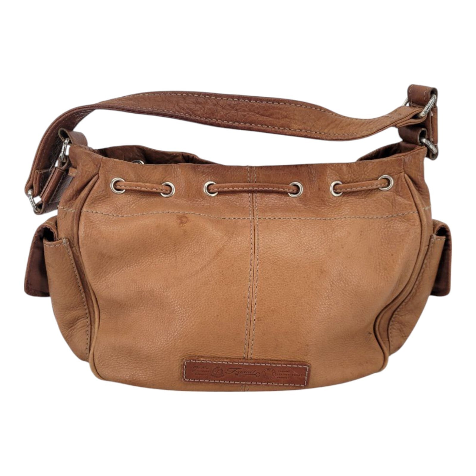 Fossil 75082 Womens Brown Leather Adjustable Strap Drawstring Shoulder Handbag