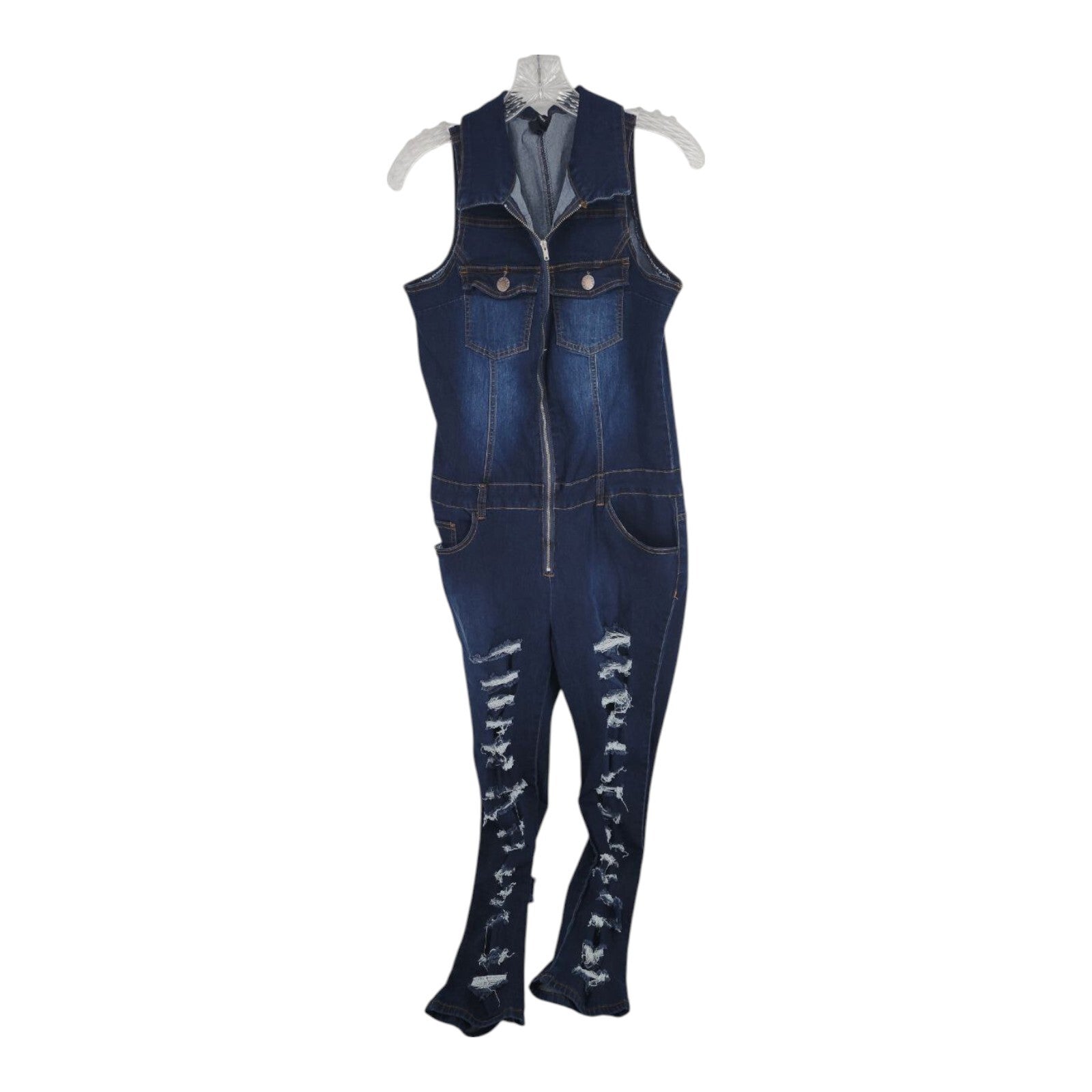 VIP Jeans Skinny Sleeveless Zip Up Blue Distressed Denim Jumpsuit 1X