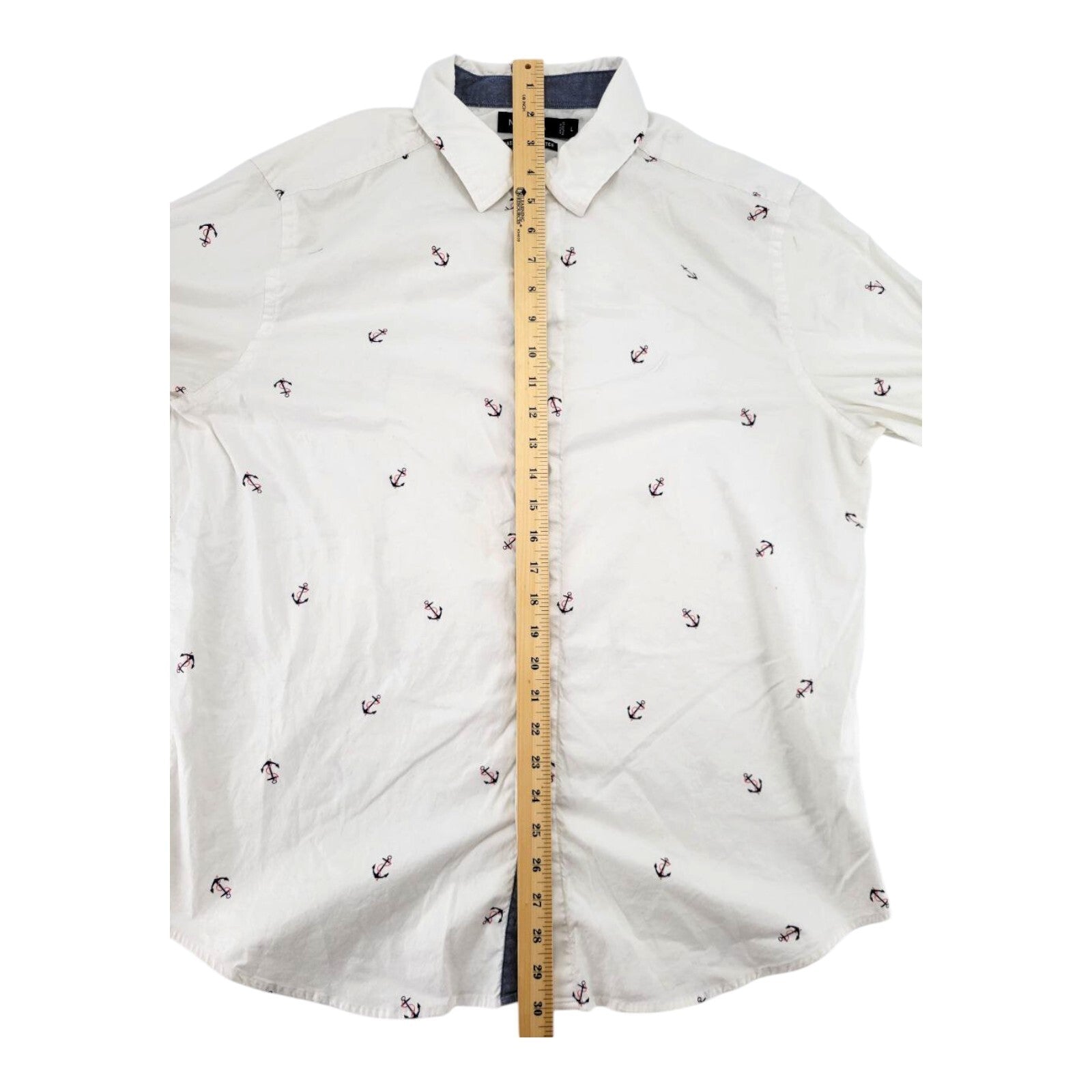 Nautica Classic Fit Stretch Anchor Print Button Up Shirt White Size Large