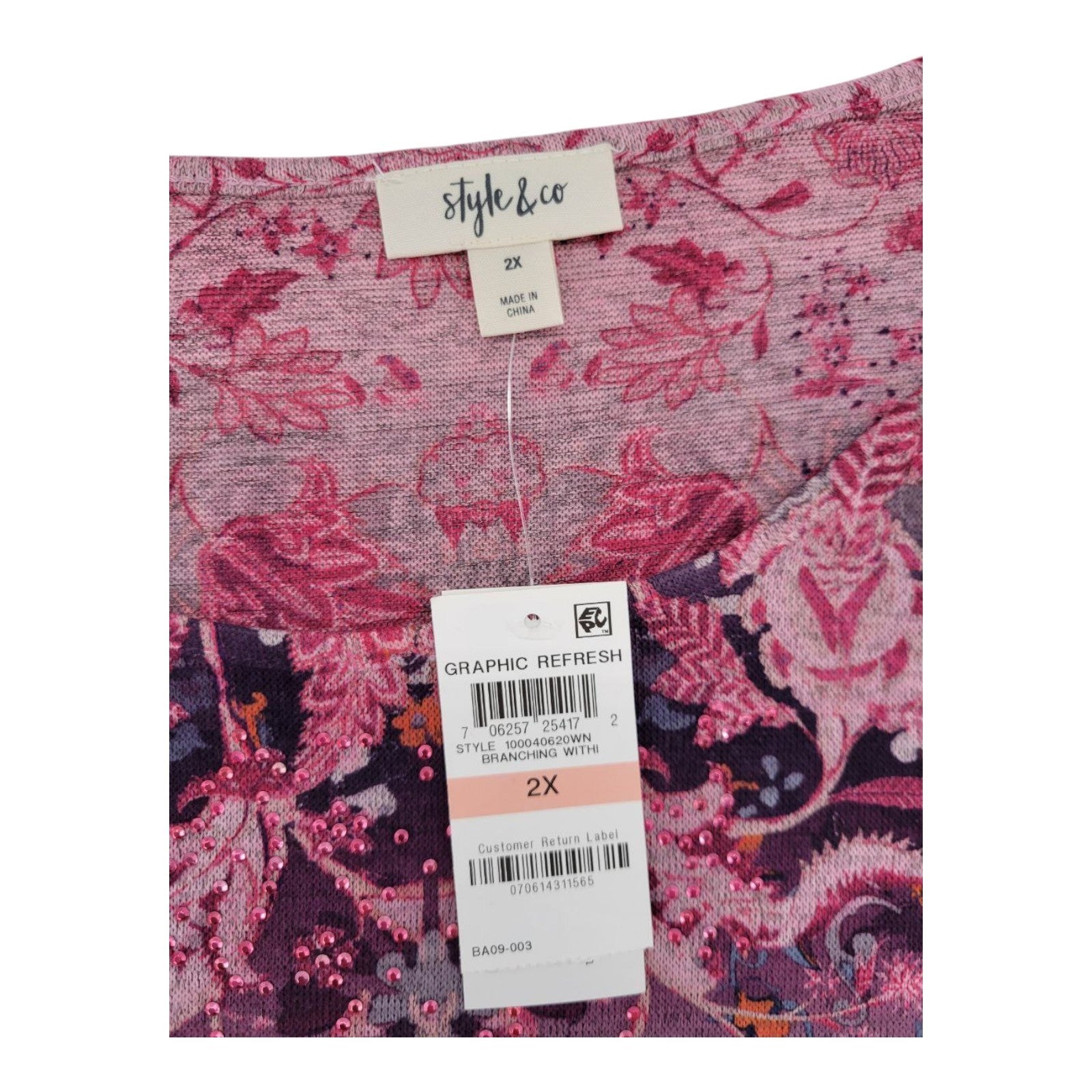 Style & Co Women's Floral Sequin Tunic Top 2X Long Sleeve