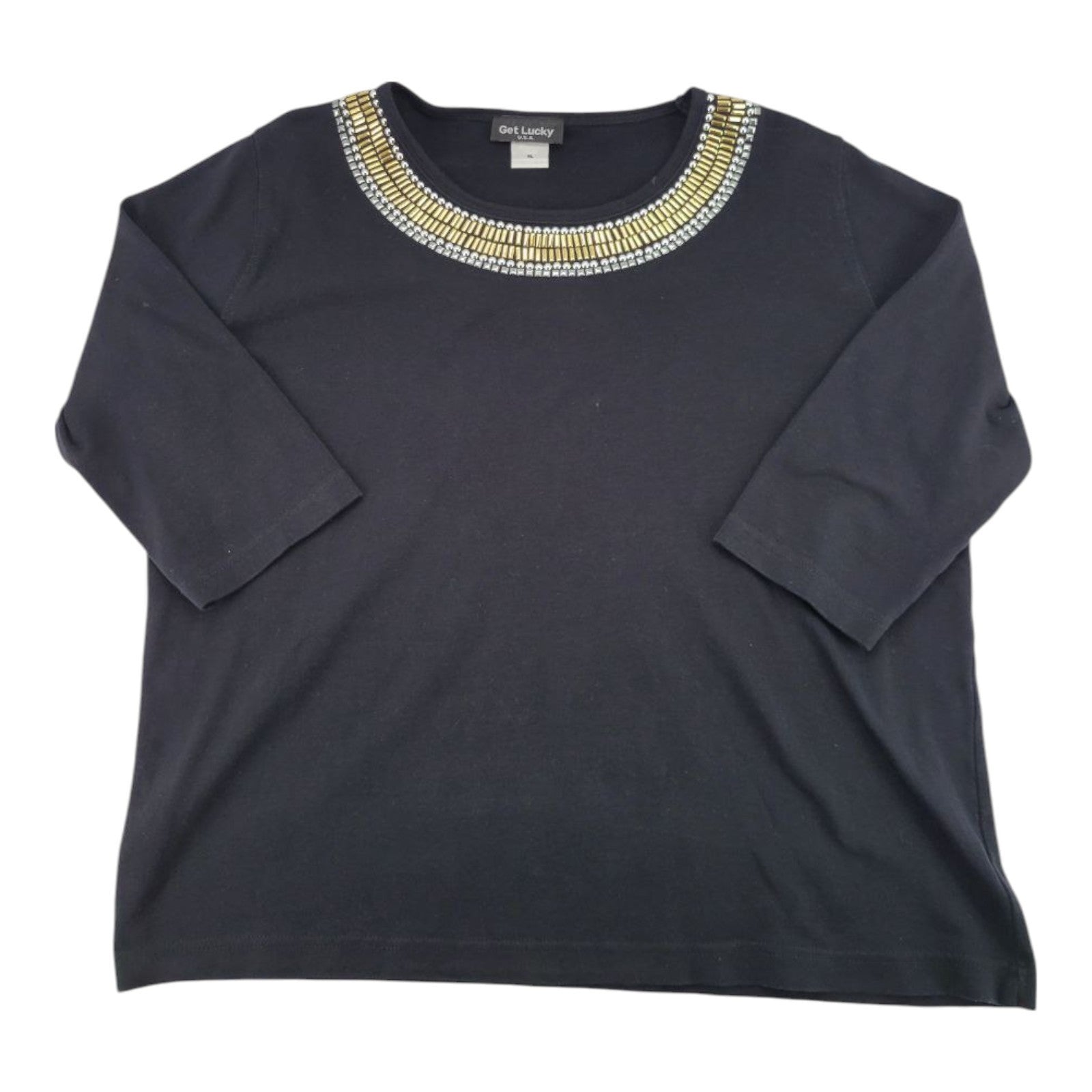 Get Lucky USA Black 3/4 Sleeve Beaded Scoop Neck Top Womens Size XL