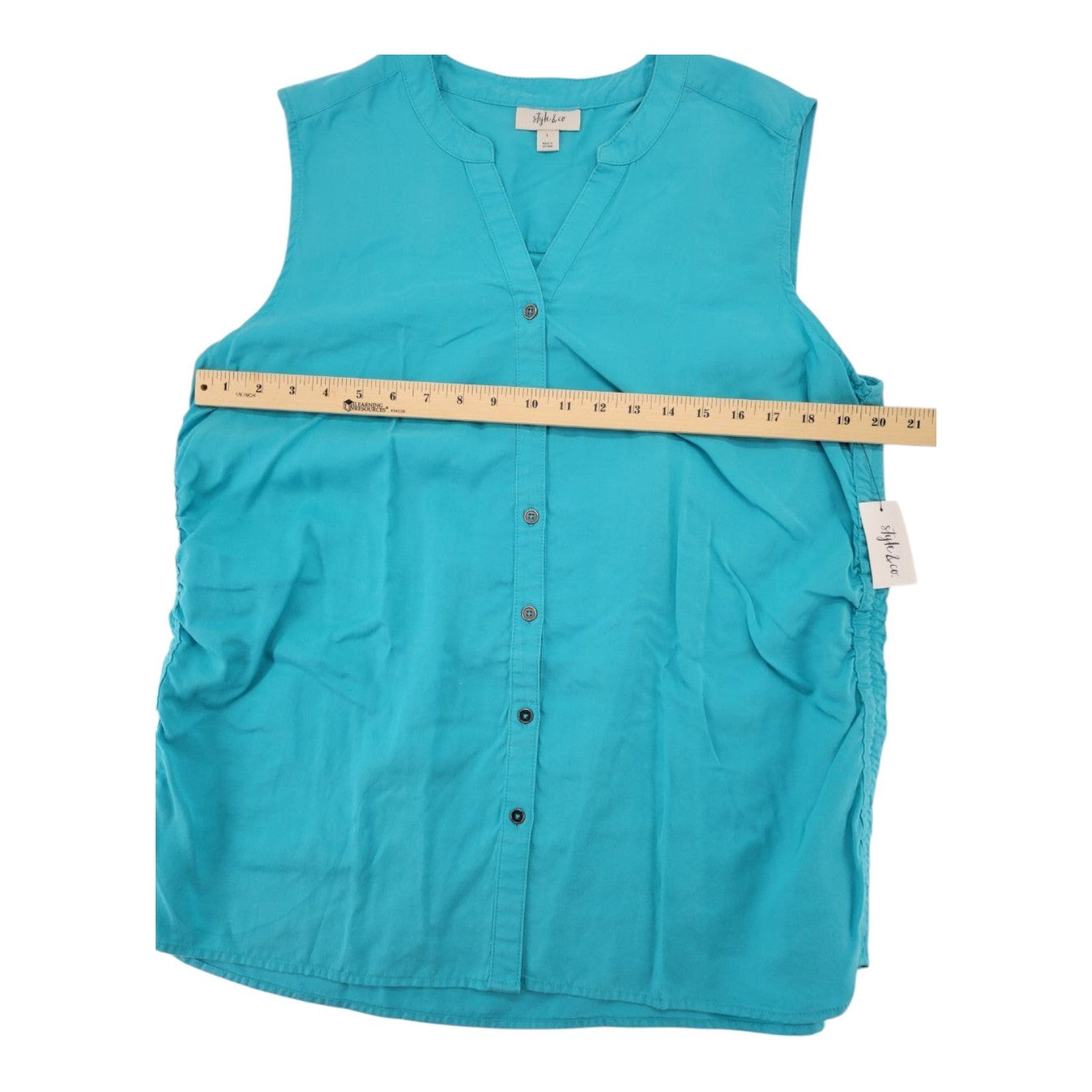 Style & Co Women's Sleeveless Button Top L Blue Ruched Side Blouse