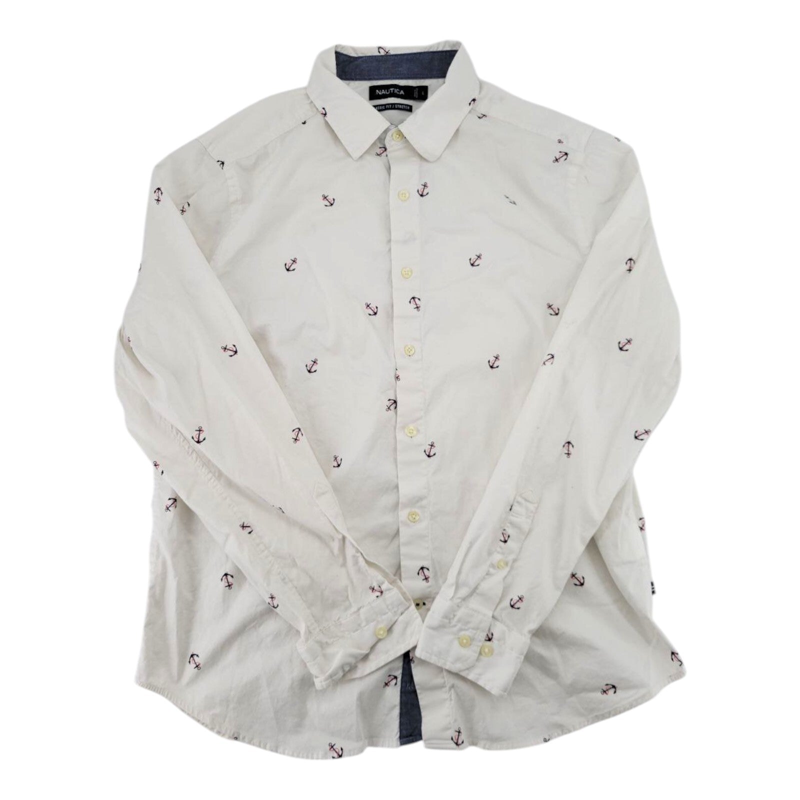 Nautica Classic Fit Stretch Anchor Print Button Up Shirt White Size Large