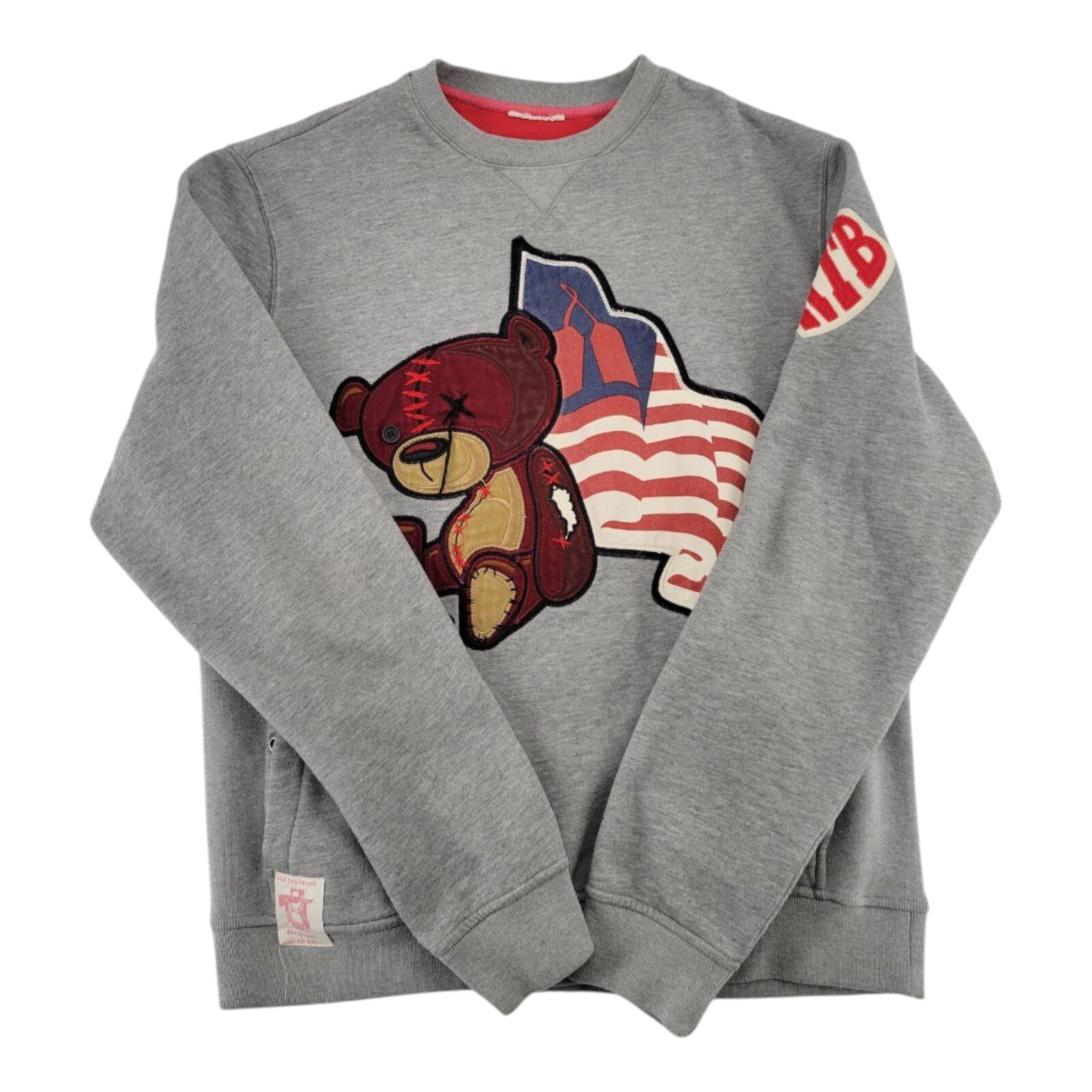 Red Tag Brand Bear Patch USA Flag Graphic Gray Sweatshirt 46x26