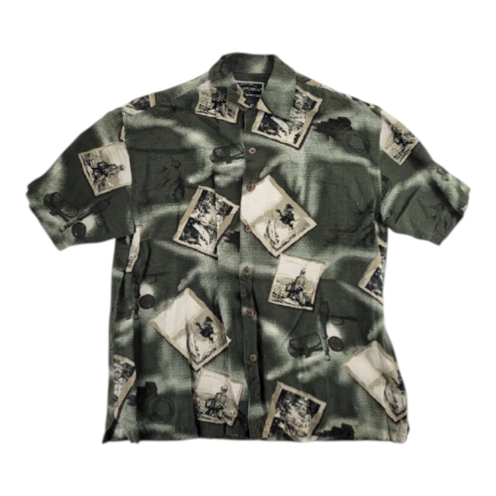 Field & Stream Fishing Print Button Front Shirt Green Linen Blend Men's M