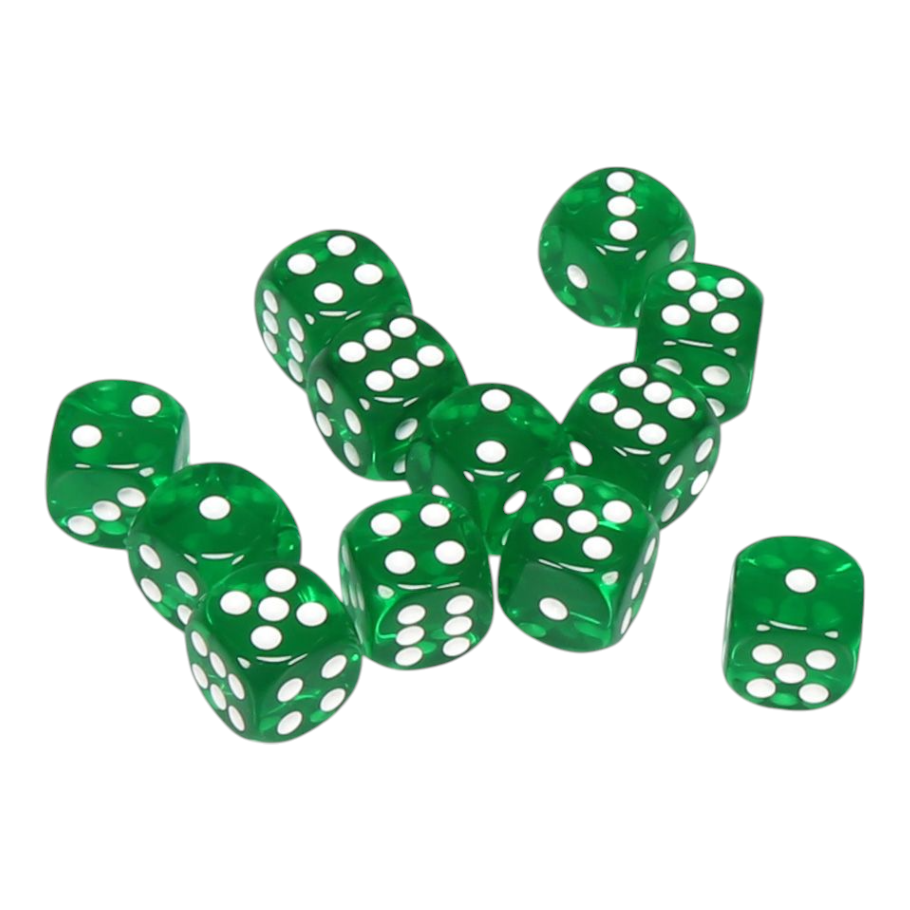 Chessex d6 Cube 16mm Translucent Green with White Pips 12 Dice