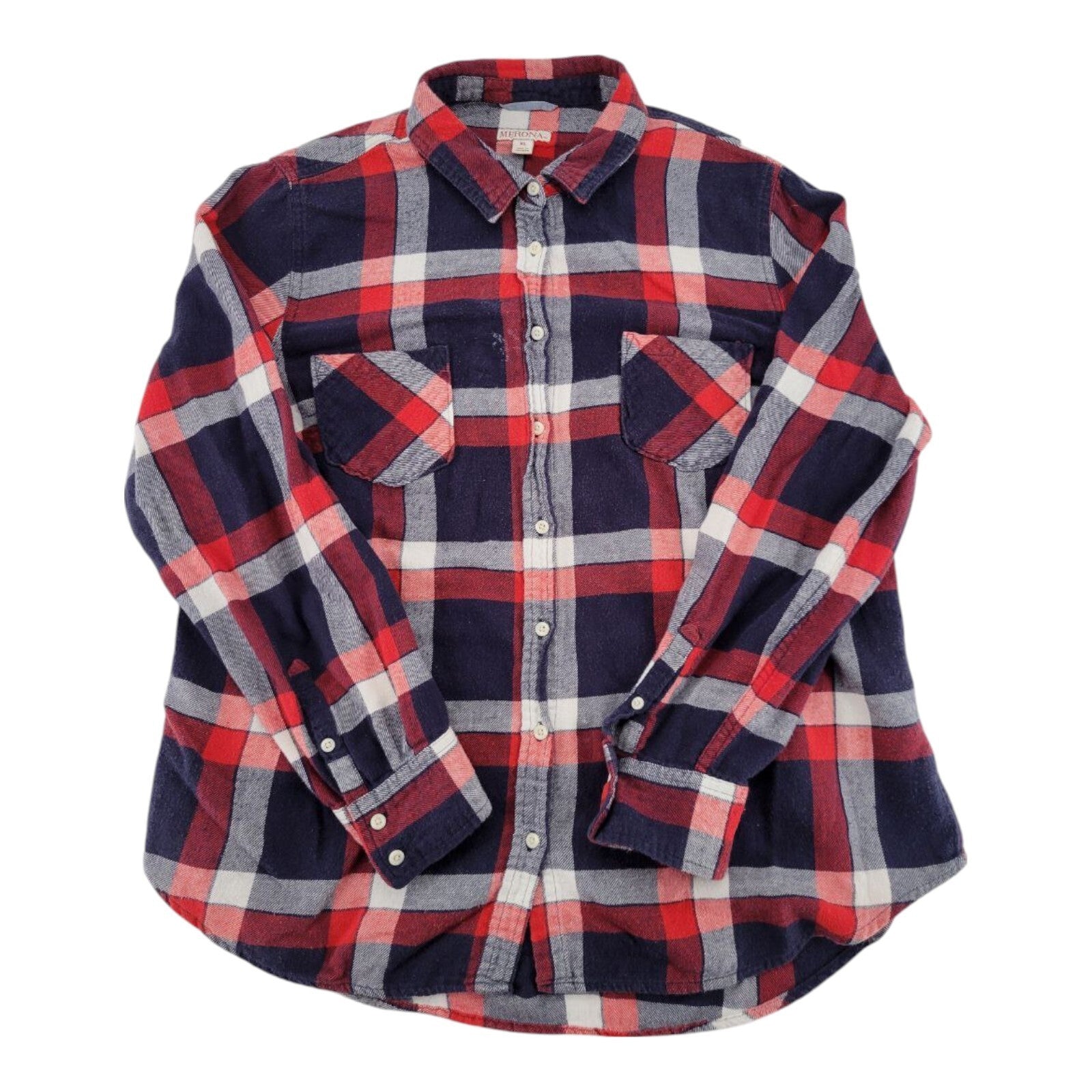 Merona Red Navy Plaid Flannel Shirt Womens Long Sleeve Cotton Size XL