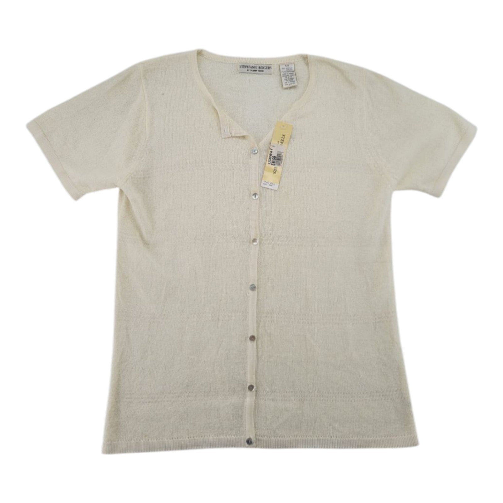 Stephanie Rogers Women's Beige Knit Cardigan M Short Sleeve Button Sweater