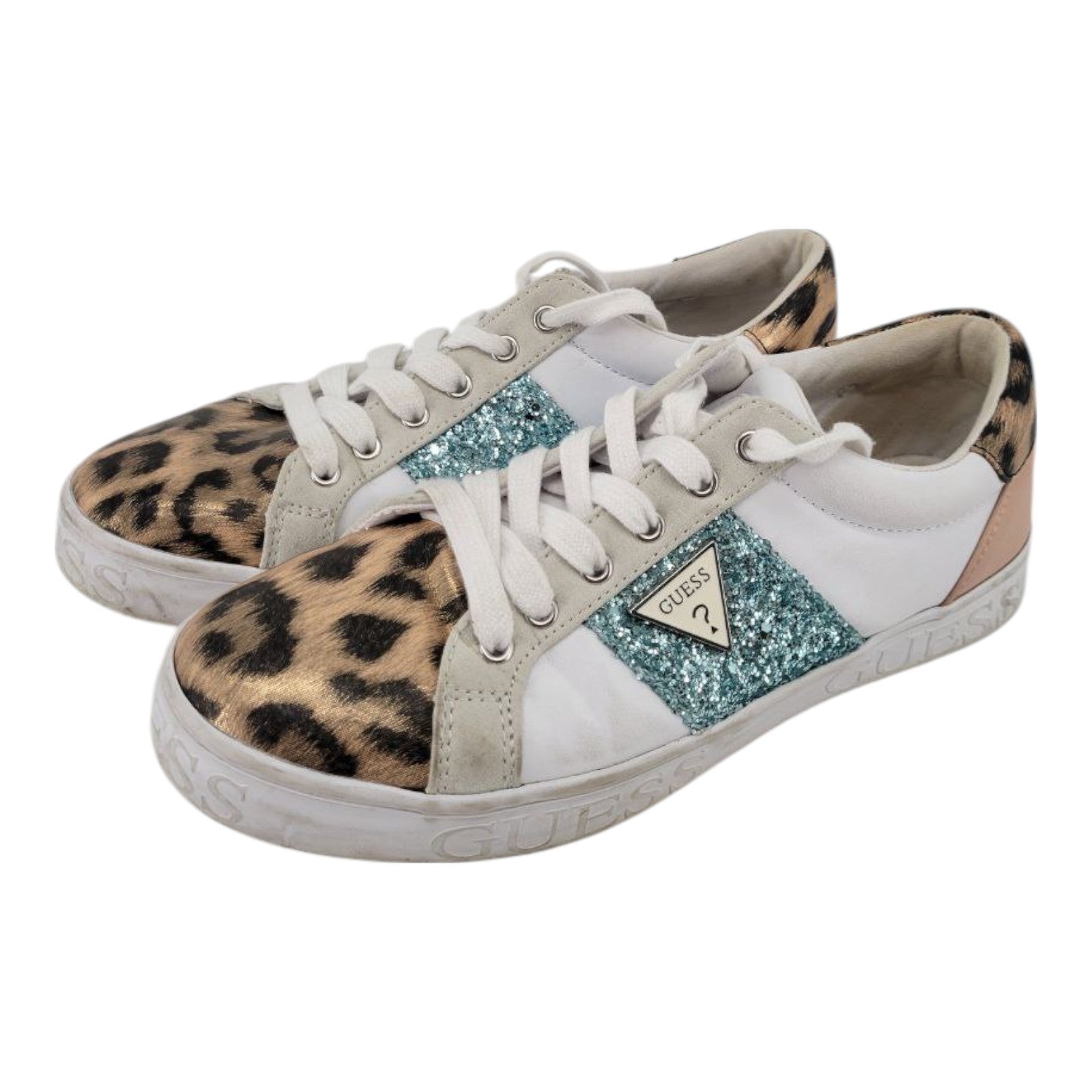 GUESS Glitter Leopard Print Sneakers ASTRAY3 White Blue Womens 8.5 M