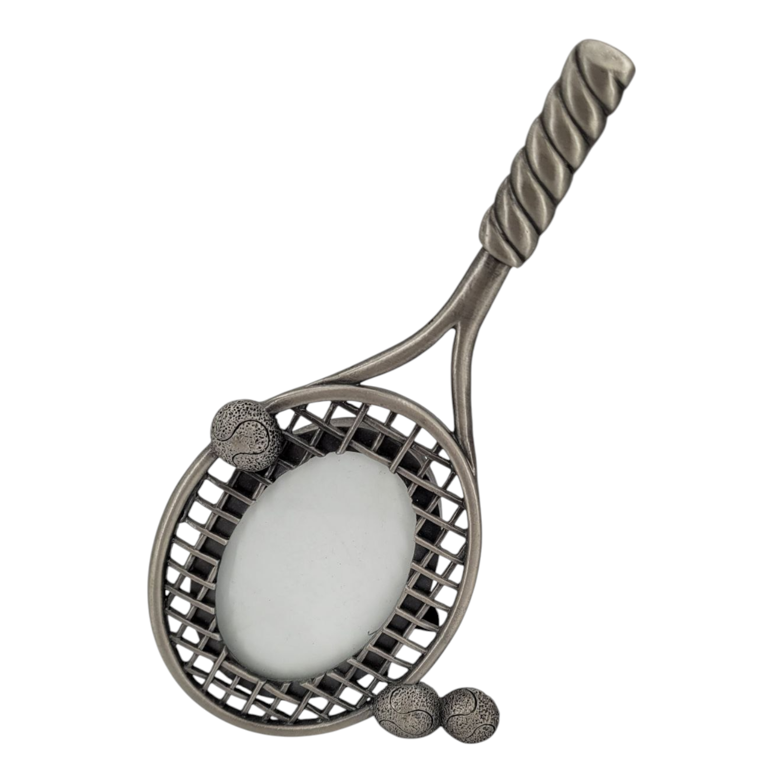 Vintage Pewter Tennis Racket Picture Frame Oval Photo Holder with Tennis Balls