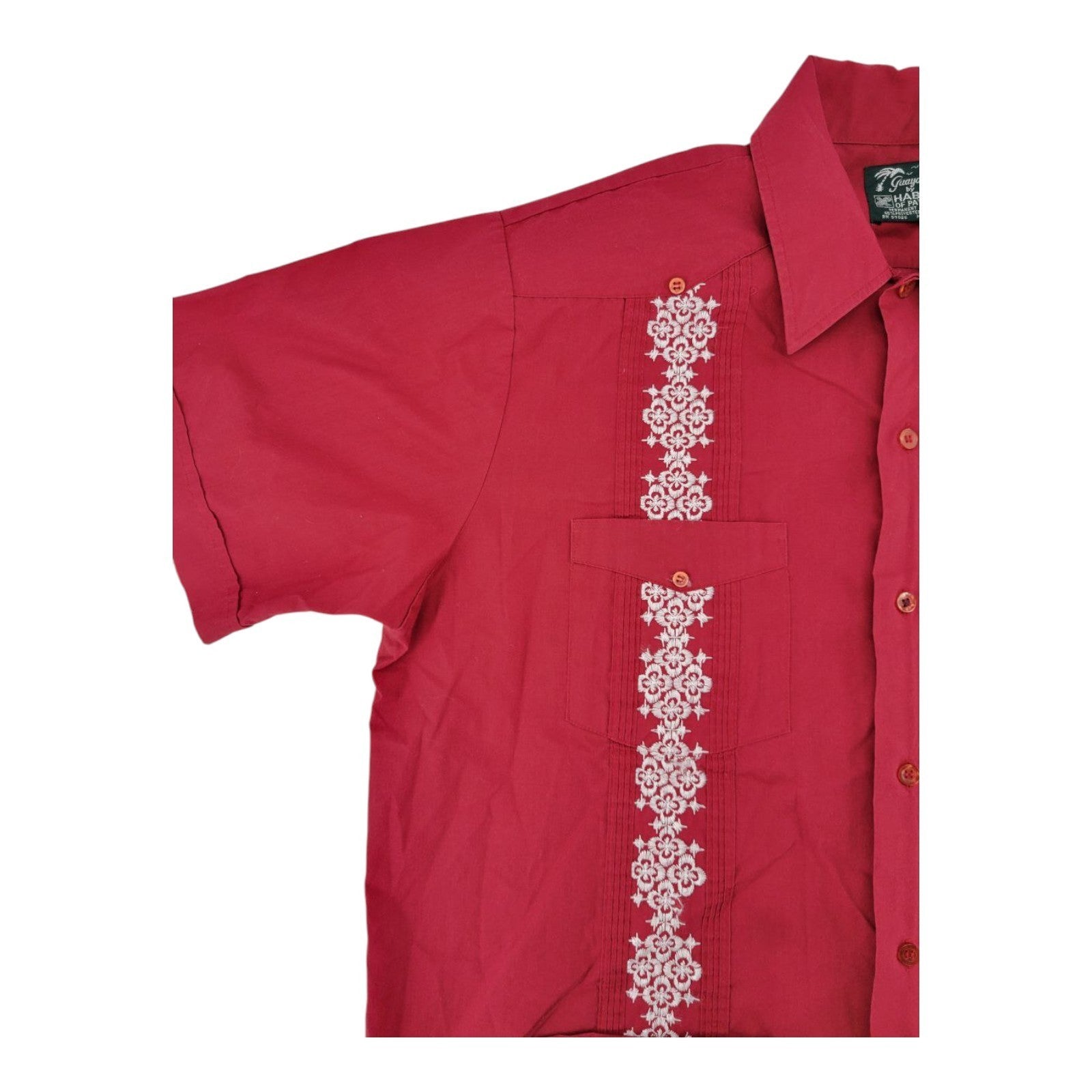 Guayabera by Haband Red Embroidered Short Sleeve Shirt Size L Cuba Style