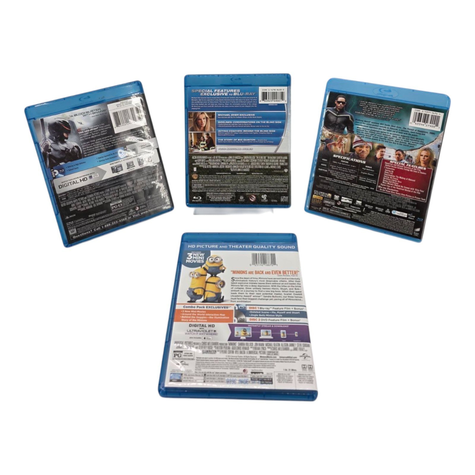 RoboCop The Blind Side Hancock Minions Lot of 4 Movies Blu ray DVD + Digital HD