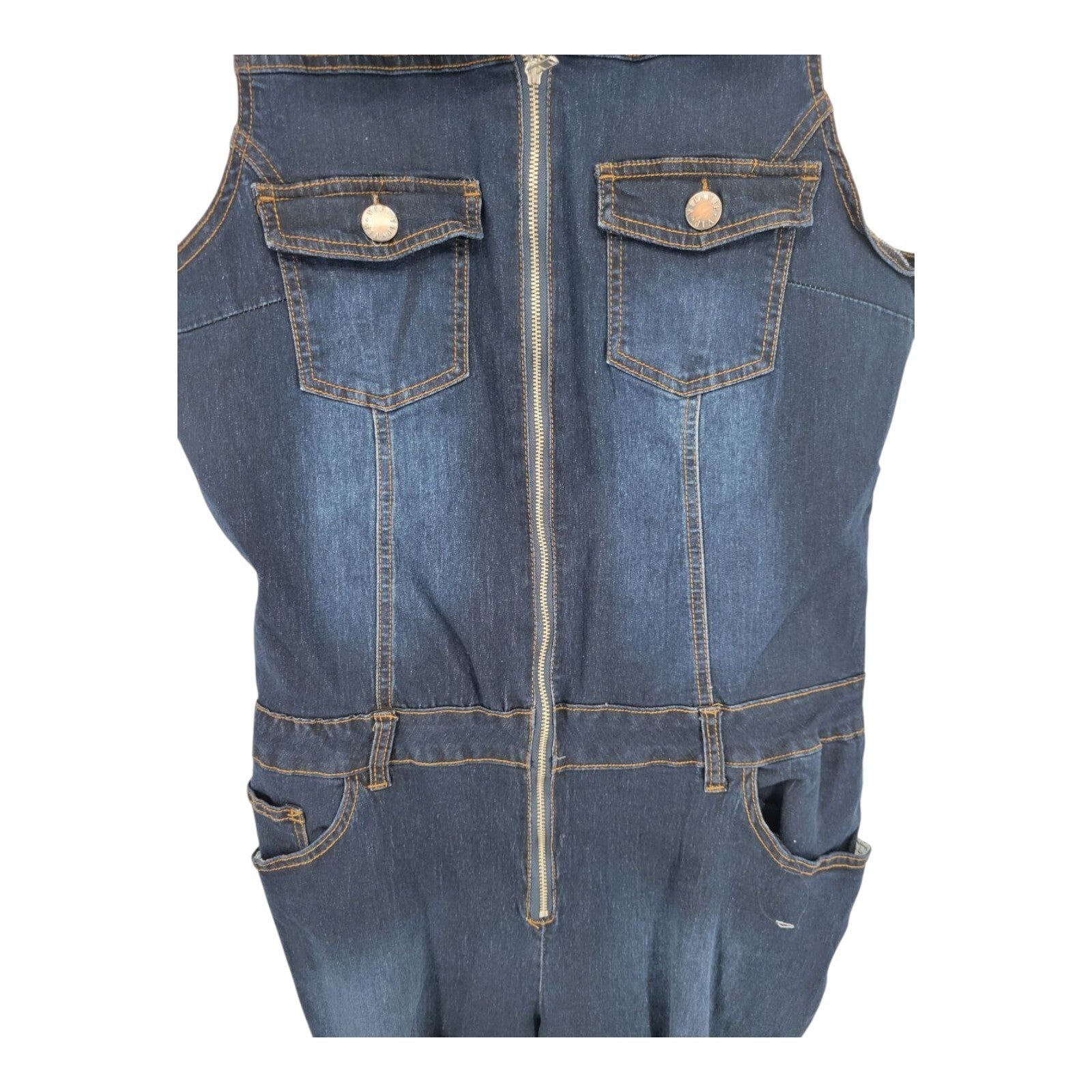 VIP Jeans Skinny Sleeveless Zip Up Blue Distressed Denim Jumpsuit 3X