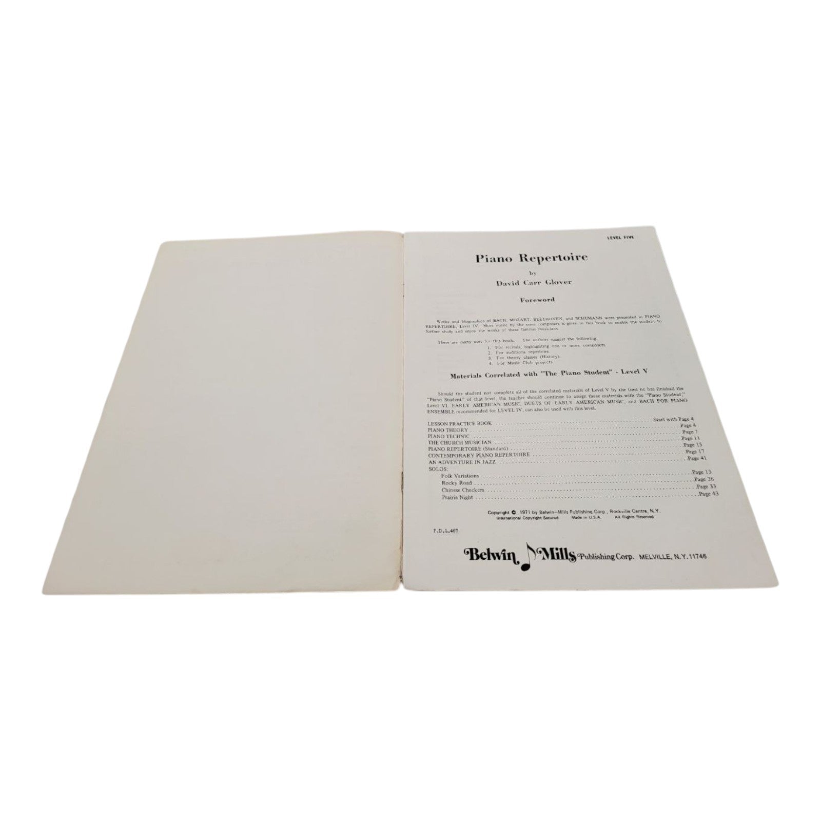 David Carr Glover Piano Repertoire Level Five Book Set 1971 Belwin Mills