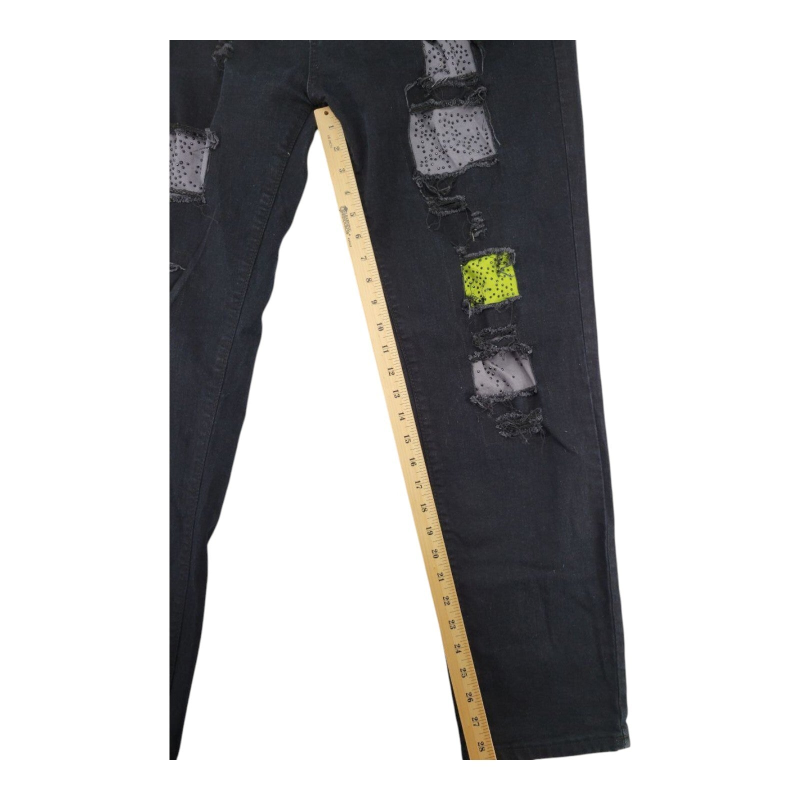 GS115 Black Distressed Denim Jeans Neon Patchwork Stud Detail Mens Size 38