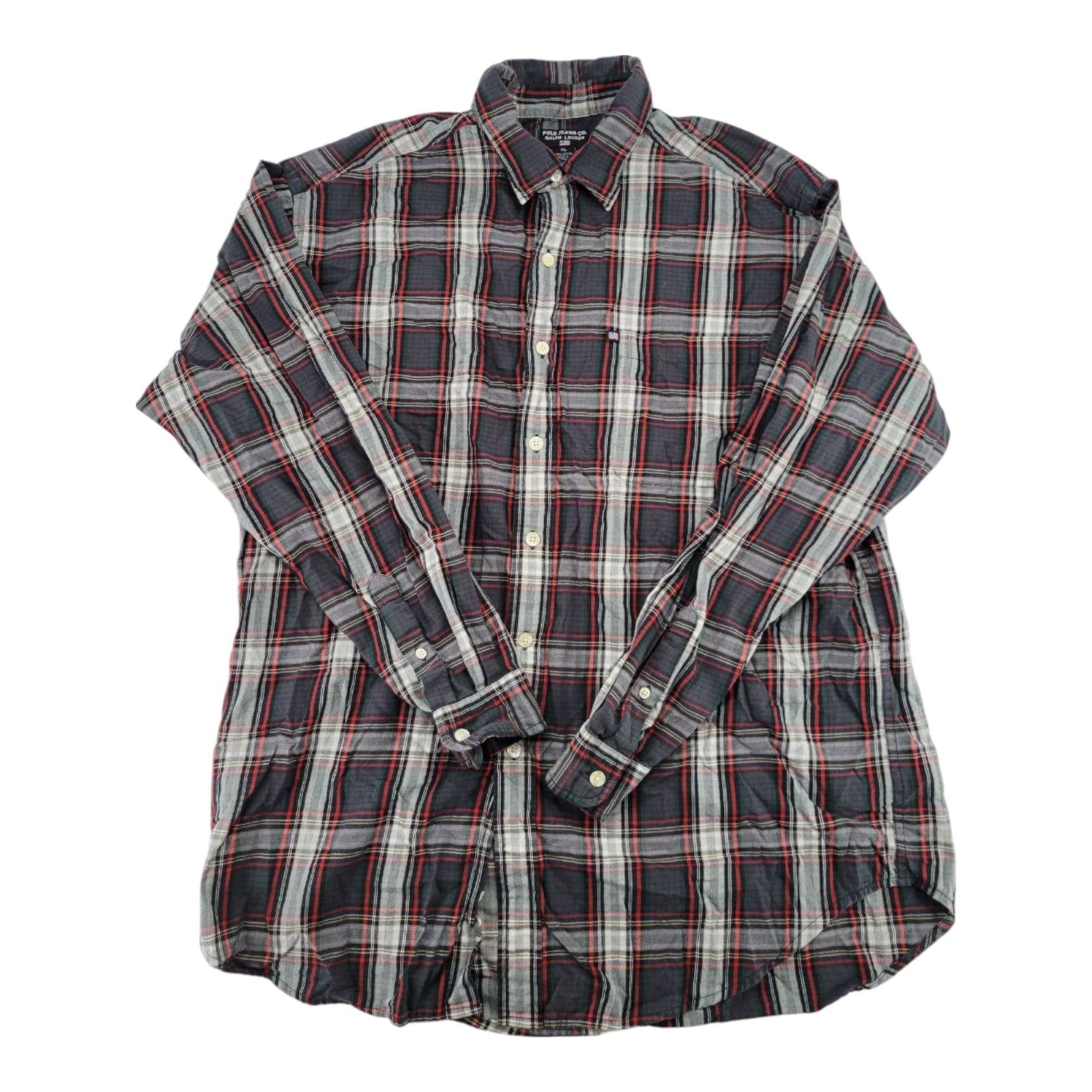 Polo Jeans Co Ralph Lauren Gray Red Plaid Button Down Long Sleeve Shirt Men XL