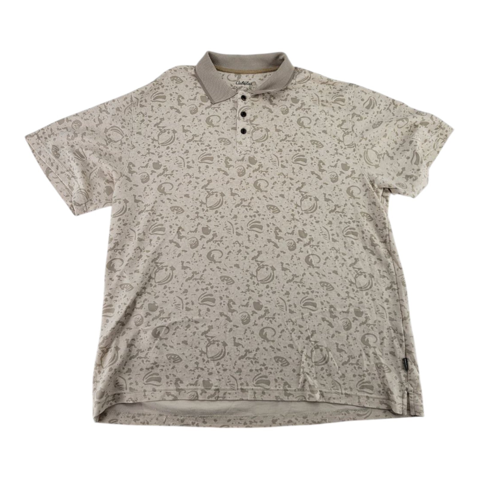 Cabelas Mens Polo Shirt Beige All Over Print Casual Short Sleeve Size XL
