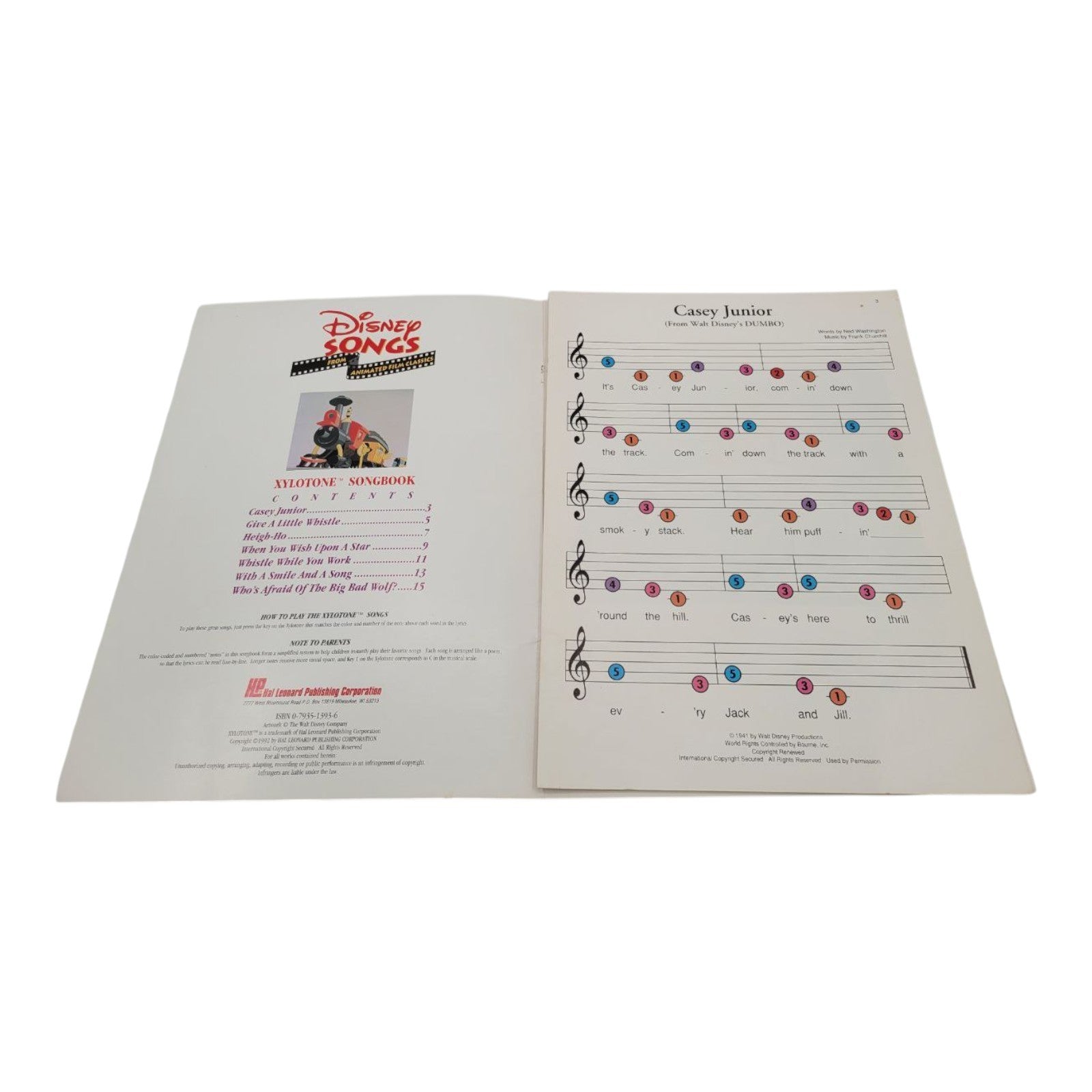 Disney Songs From Animated Film Classics Xylotone Fun Color Coded Songbook 1992