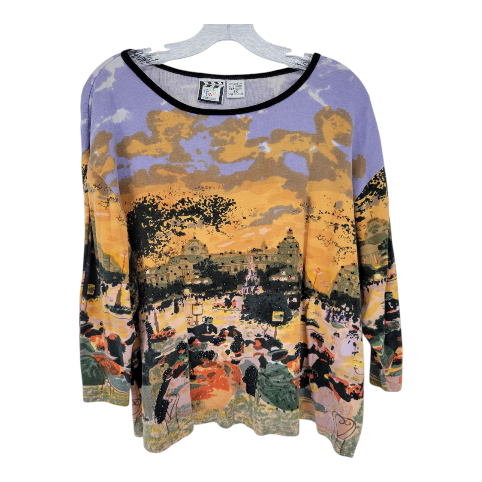 Take Two Clothing Co Scenic Graphic Embellished 3/4 Sleeves Top 2X