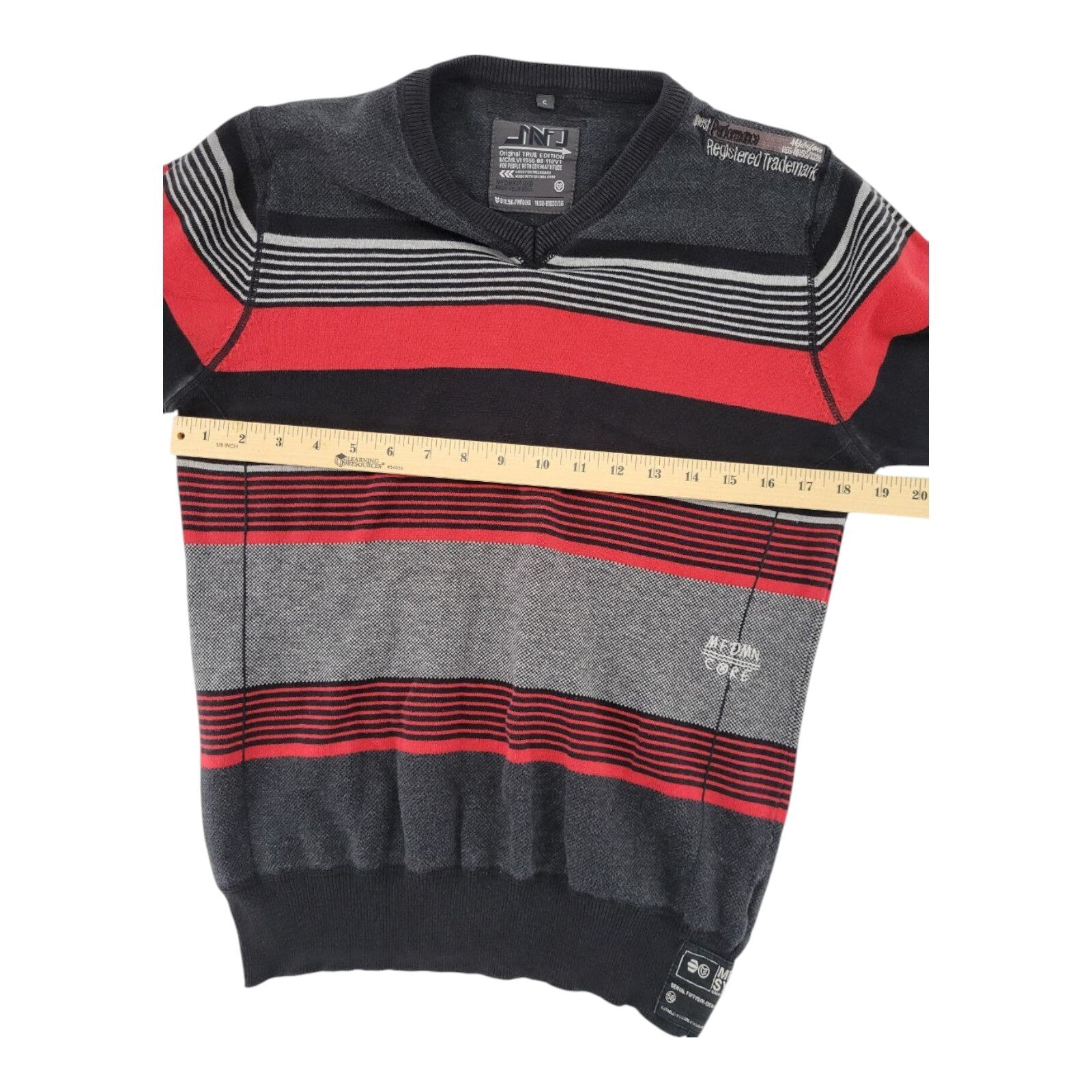 MFDJNS Industry Striped Sweater Red Gray Black Long Sleeve Pullover V Neck Small