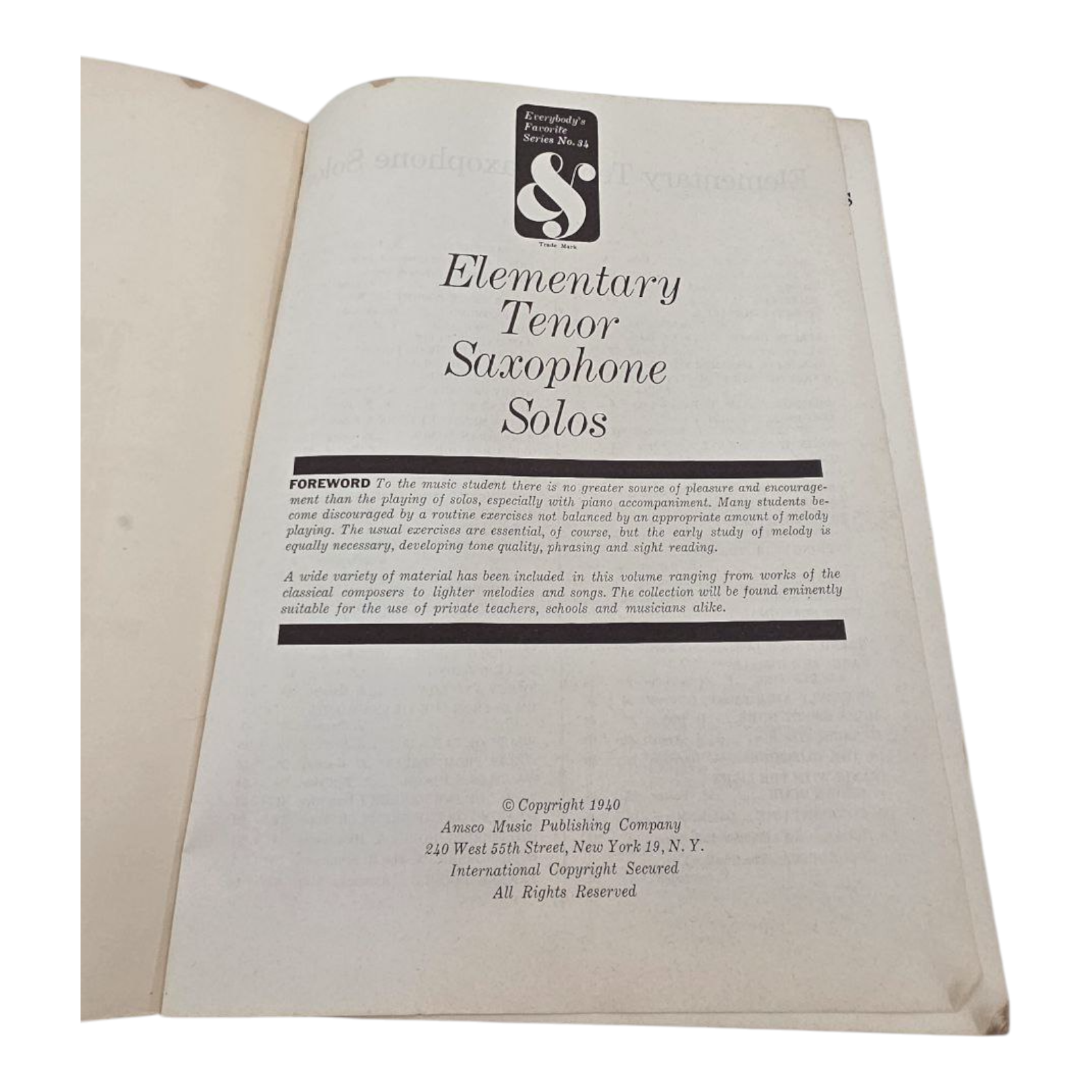Everybodys Favorite Series No 34 Elementary Tenor Saxophone Solos 1940