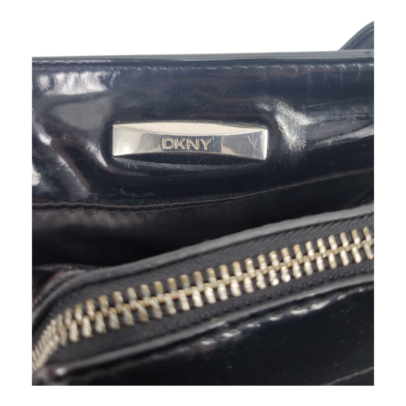 DKNY Black Patent Leather Logo Satchel Shoulder Bag Handbag Purse