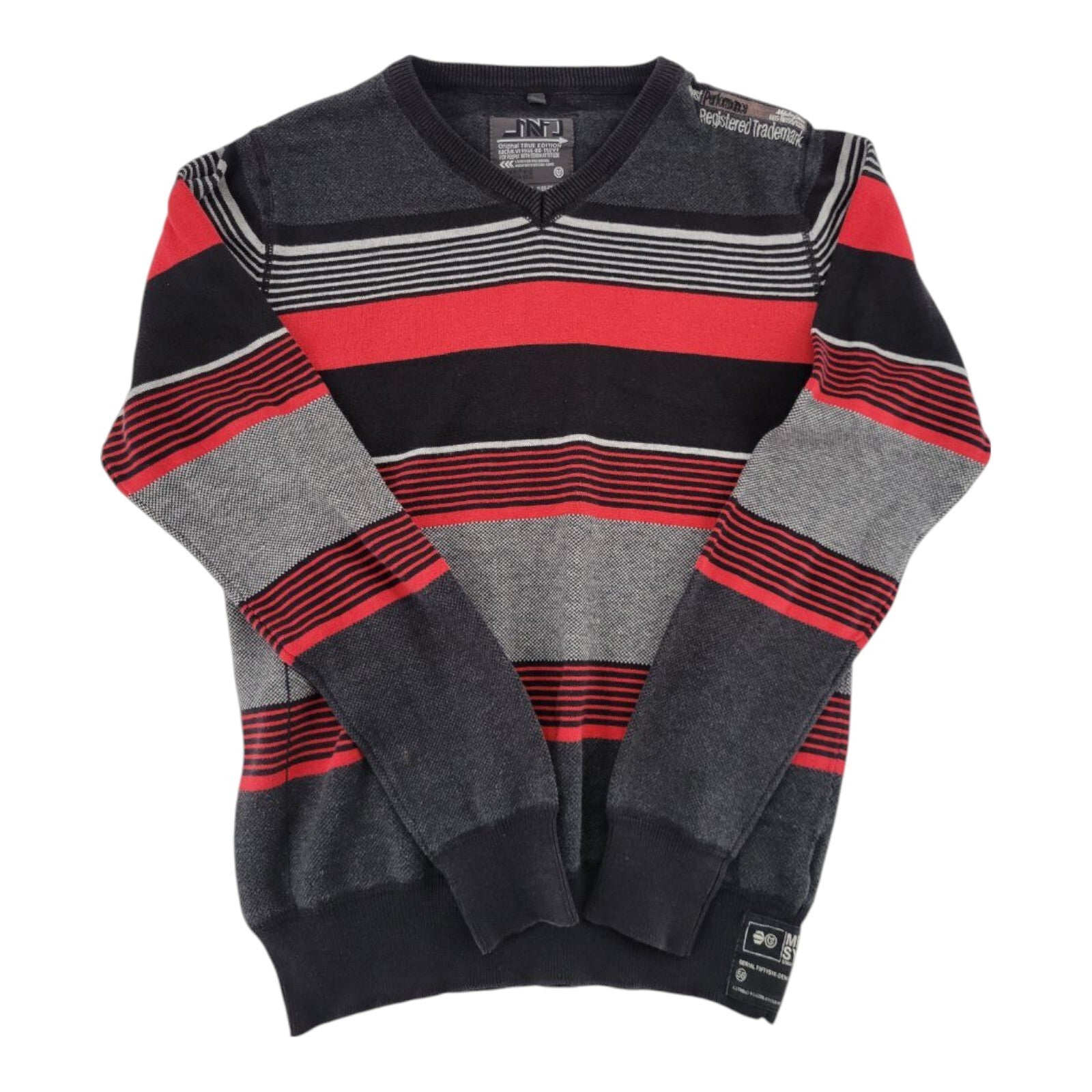 MFDJNS Industry Striped Sweater Red Gray Black Long Sleeve Pullover V Neck Small