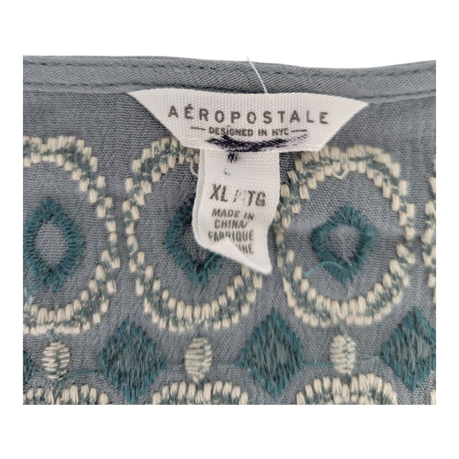 Aeropostale Womens Sage Green Embroidered Boho Tassel Peasant Top Crinkle XL