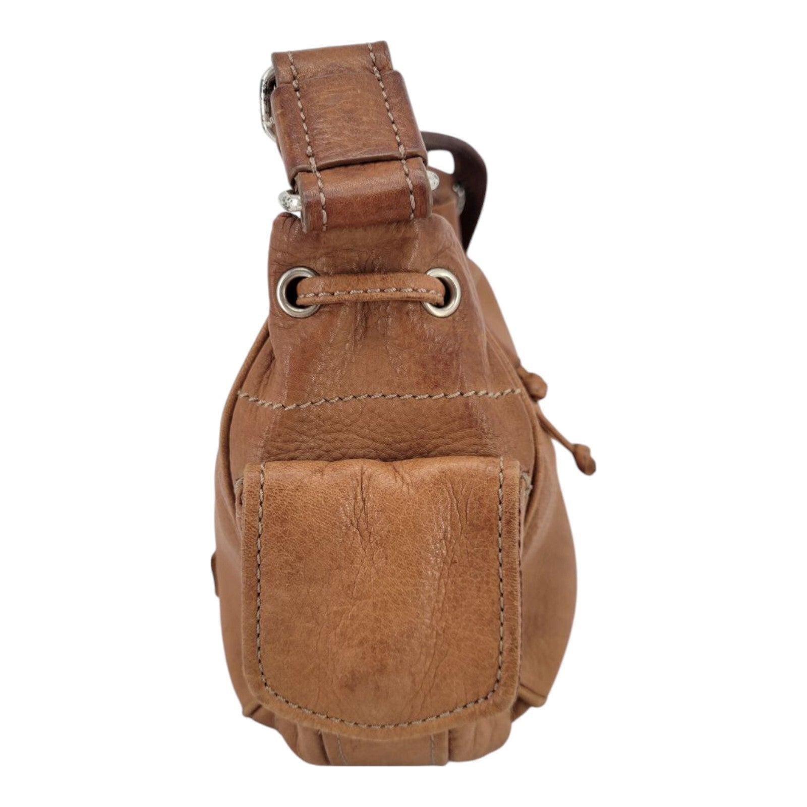 Fossil 75082 Womens Brown Leather Adjustable Strap Drawstring Shoulder Handbag