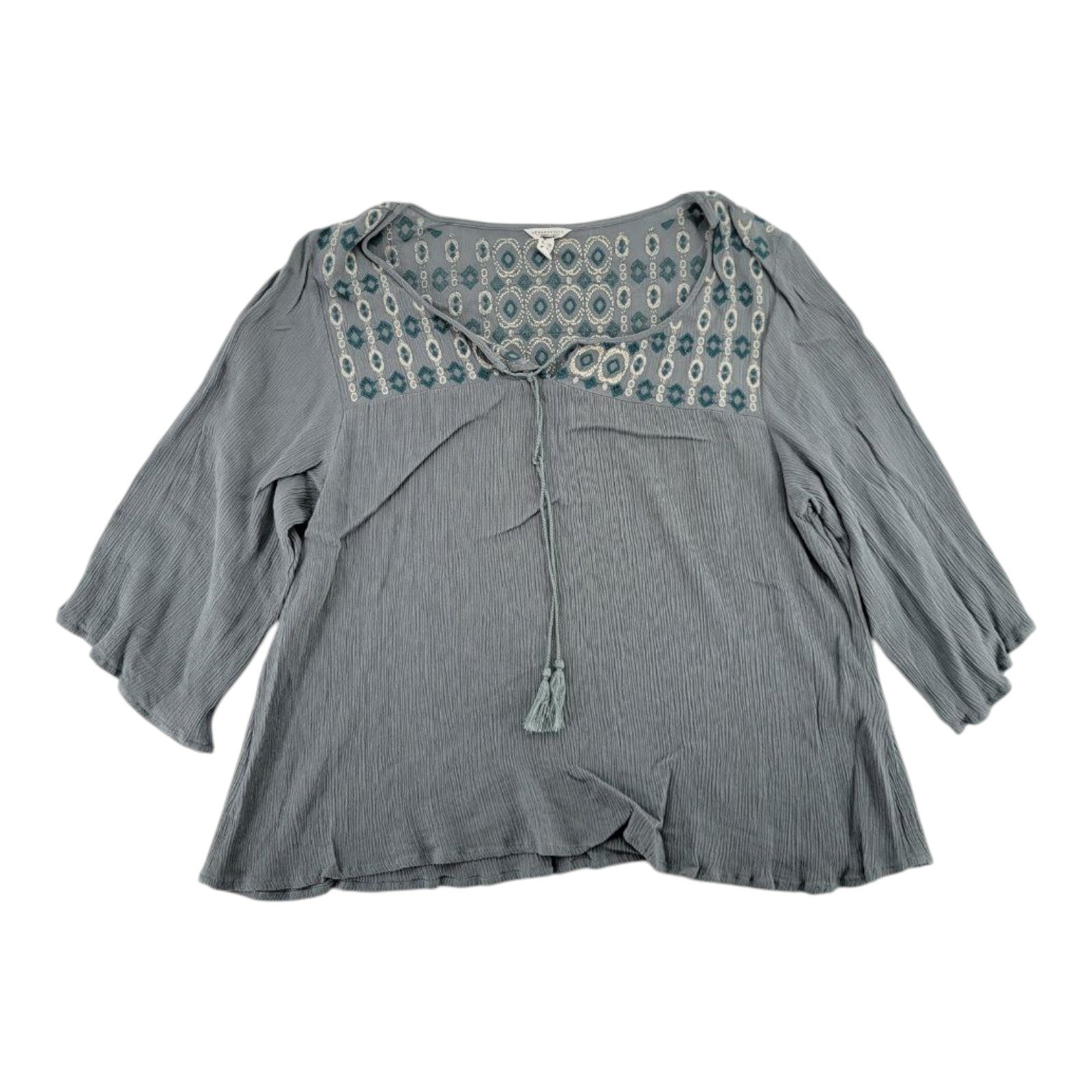 Aeropostale Womens Sage Green Embroidered Boho Tassel Peasant Top Crinkle XL