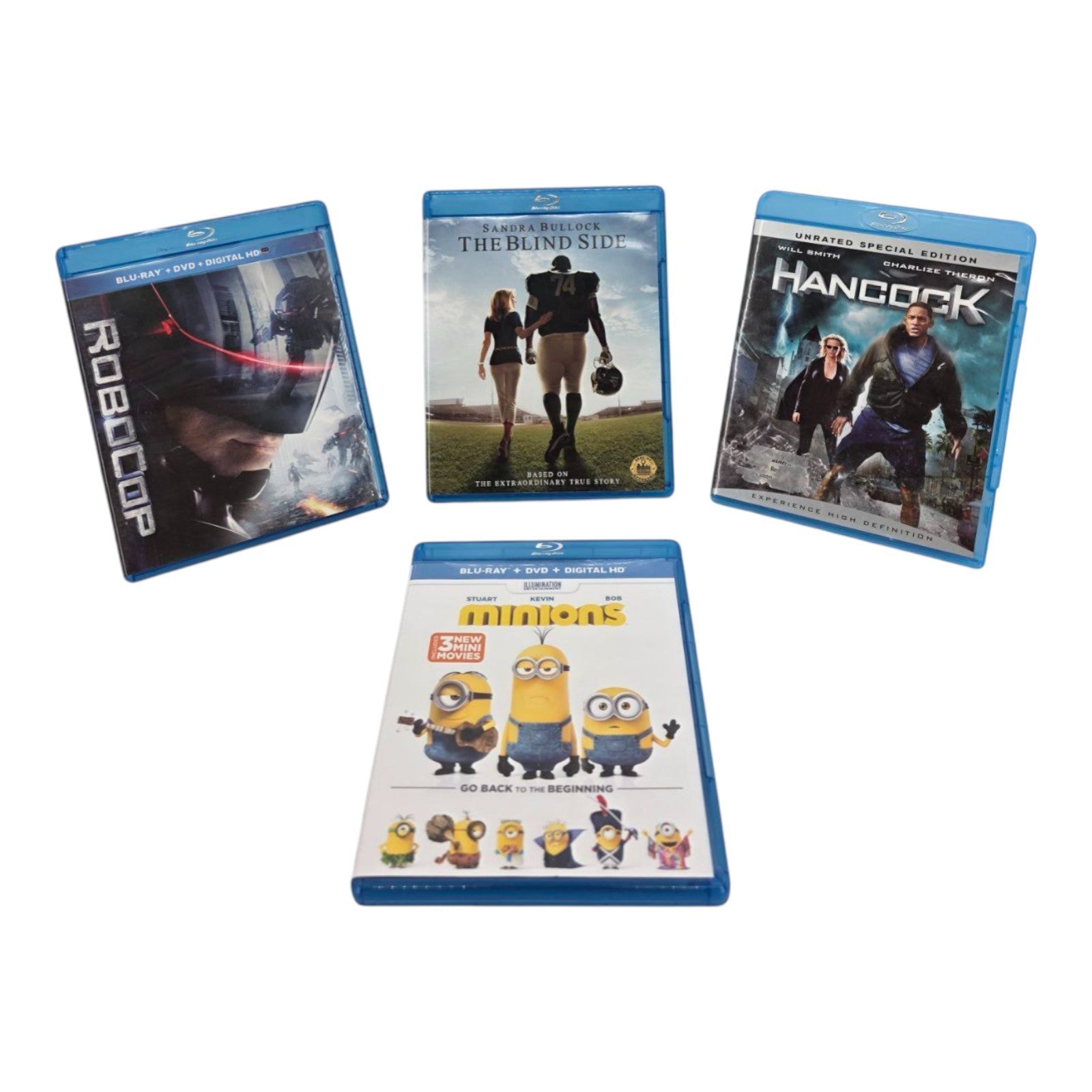 RoboCop The Blind Side Hancock Minions Lot of 4 Movies Blu ray DVD + Digital HD