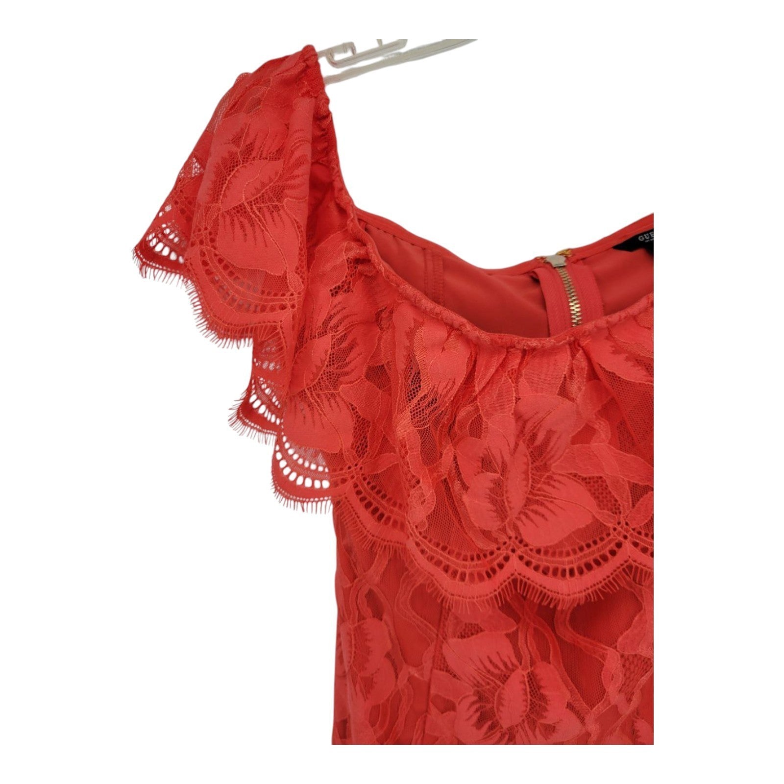 GUESS Women's Francine Off Shoulder Dress Red Lace Ruffle Hem Size 2