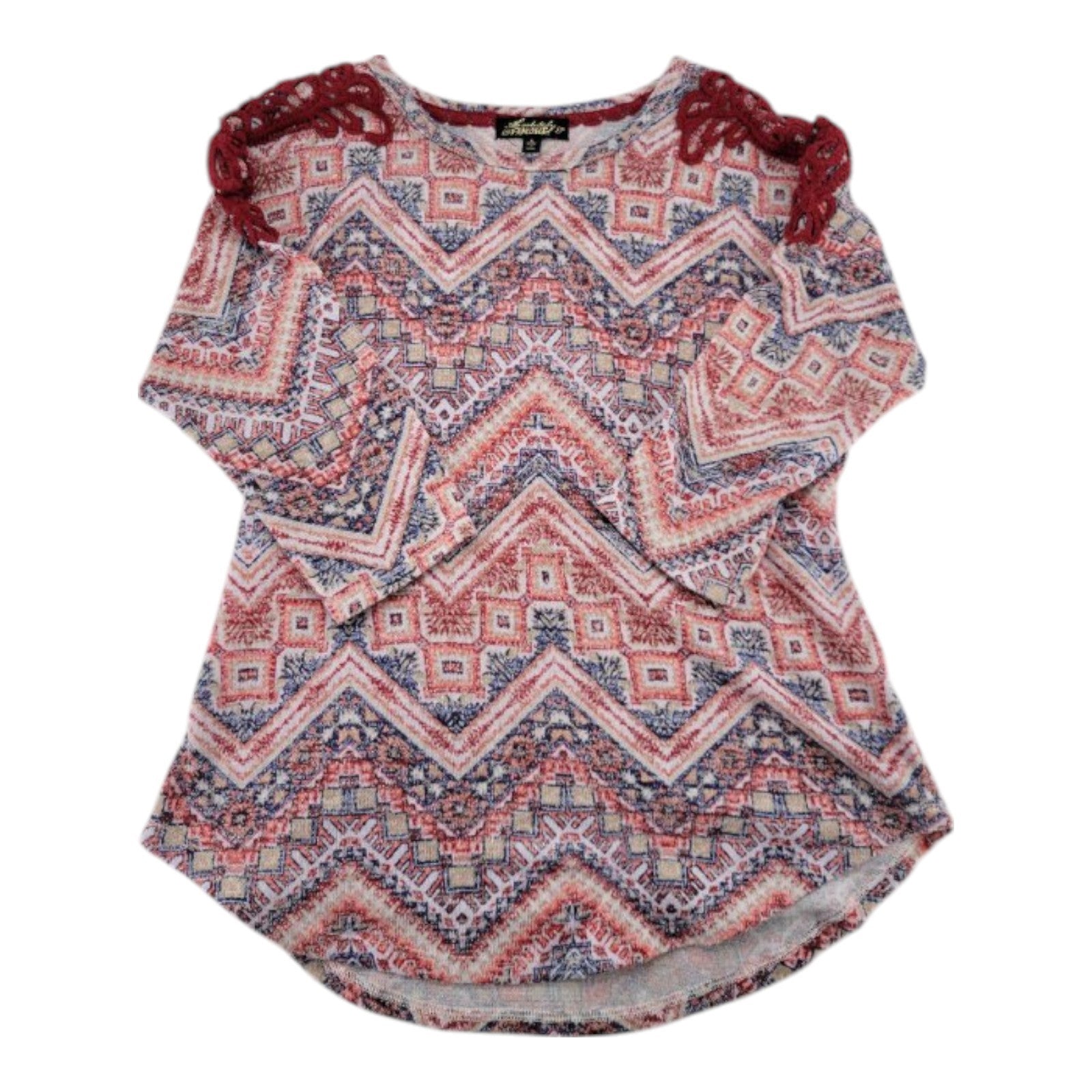 Absolutely Famous Women's L Chevron Knit Top Red Lace Shoulder Detail