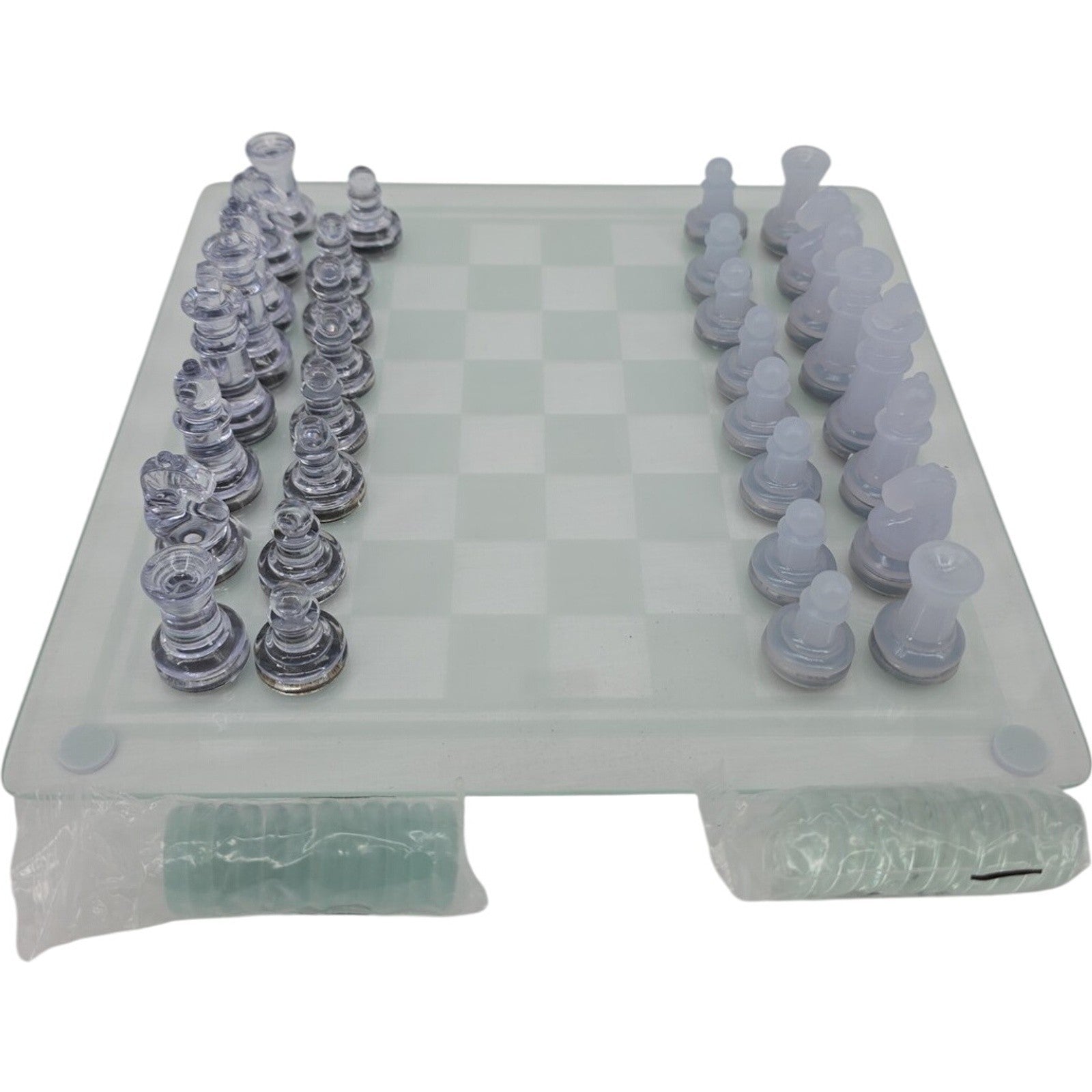 Glass Chess & Checkers Set Clear and Frosted Piece Game Board with Instruction