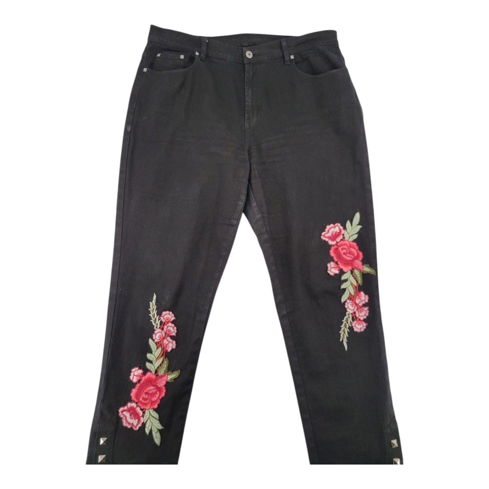 DG2 by Diane Gilman Black Skinny Jeans Size 14 Floral Embroidered Studded Hem
