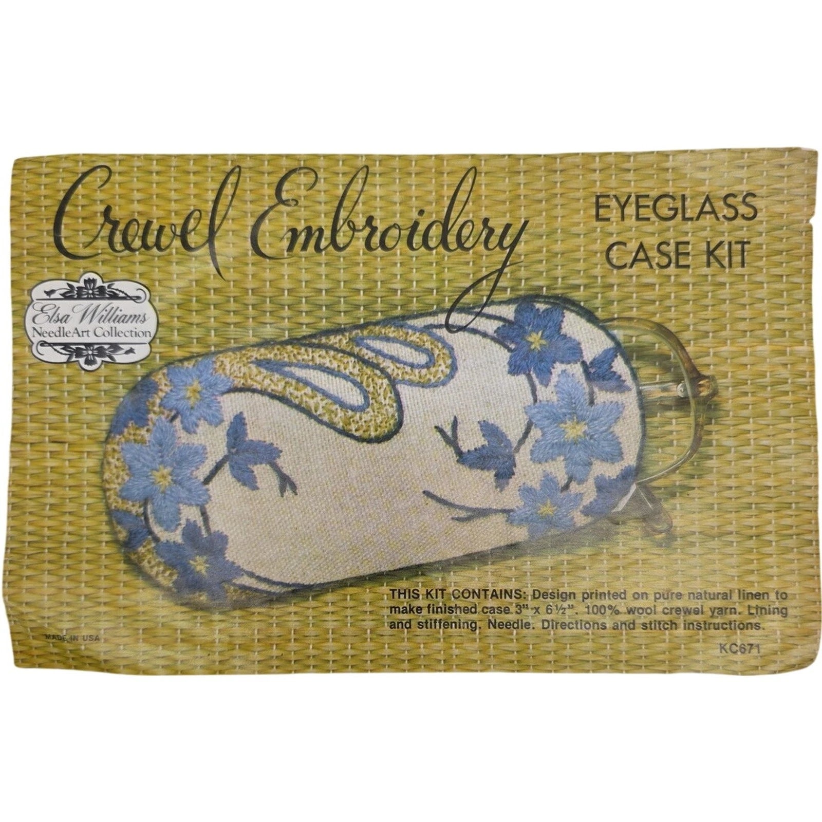 Elsa Williams Crewel Embroidery Eyeglass Case Kit KC671 Linen Floral Blue Vtg